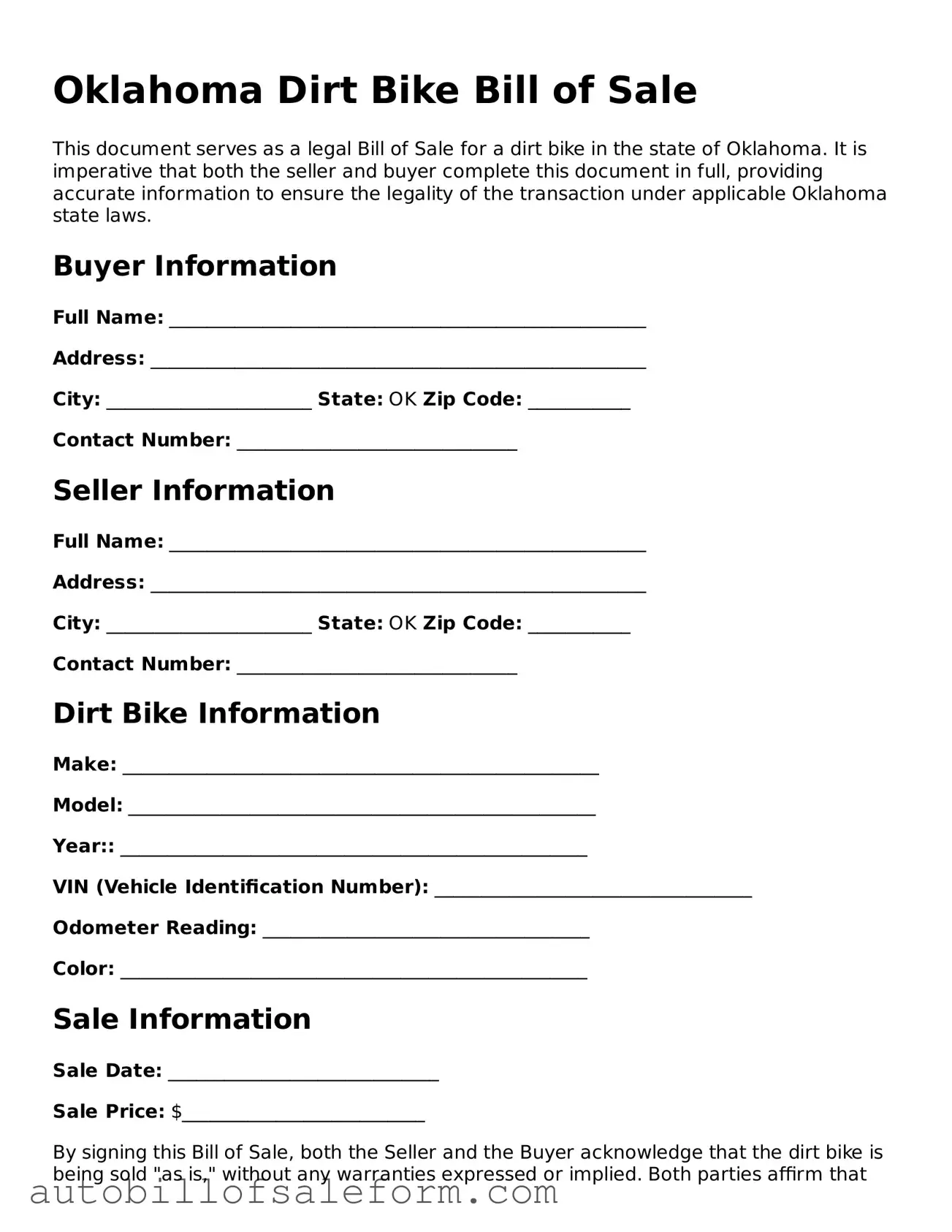 Free  Dirt Bike Bill of Sale Template for Oklahoma