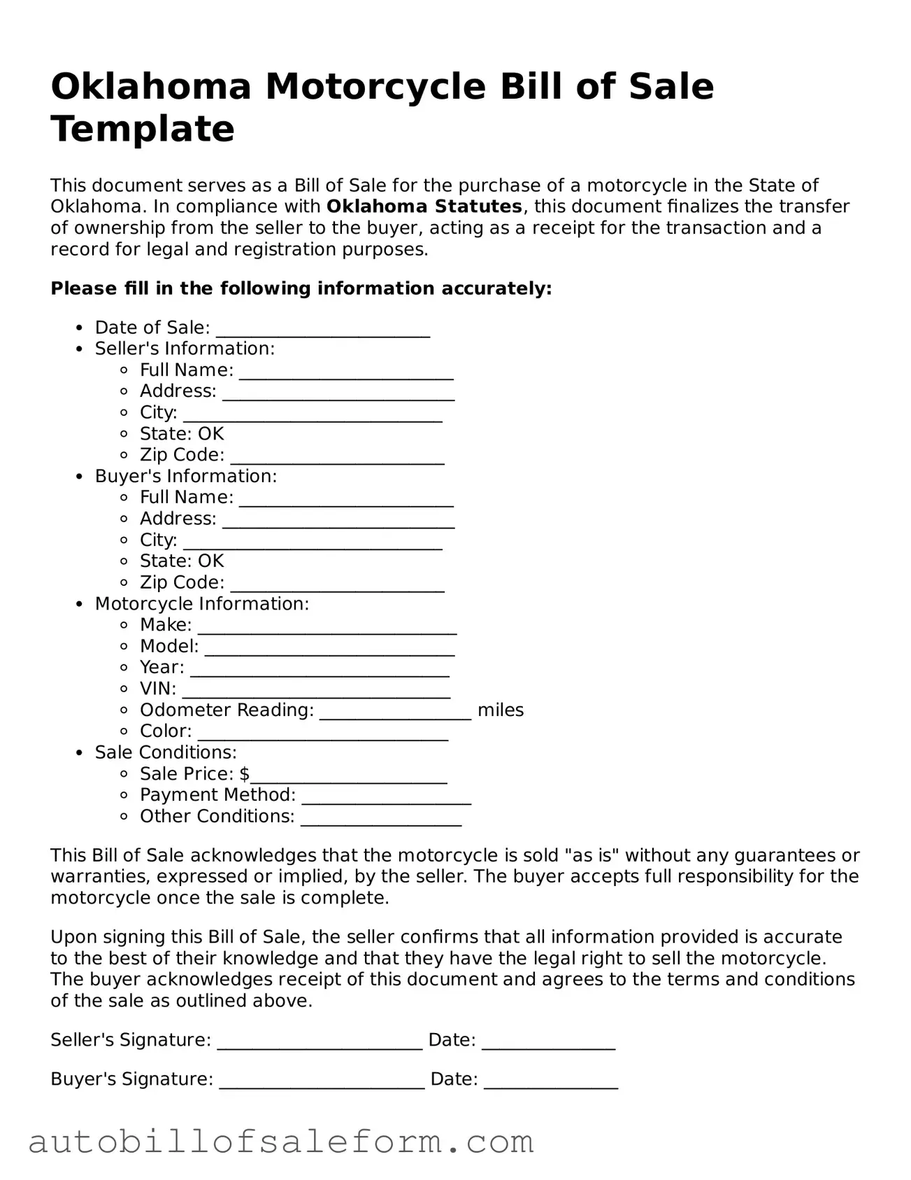 Free  Motorcycle Bill of Sale Template for Oklahoma