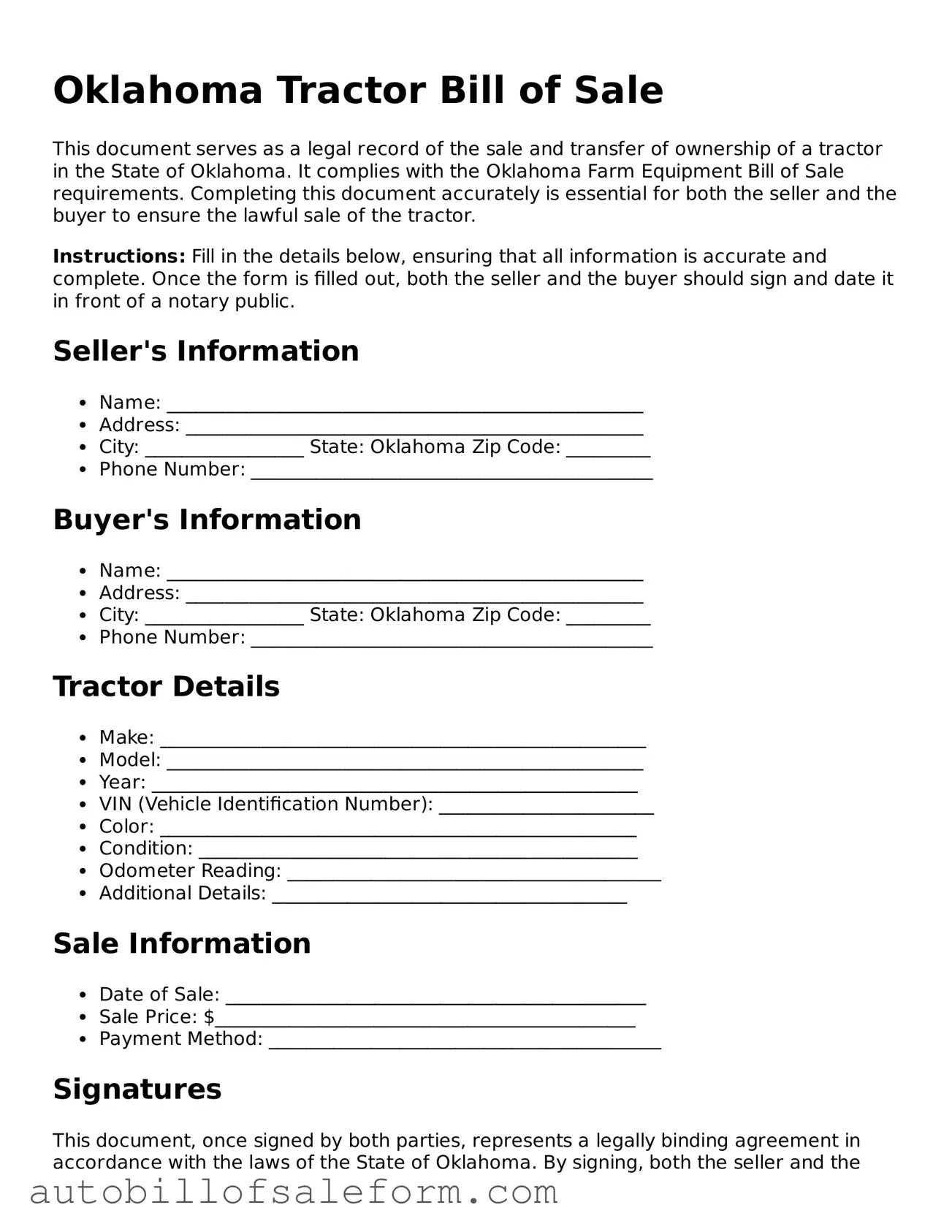 Free  Tractor Bill of Sale Template for Oklahoma