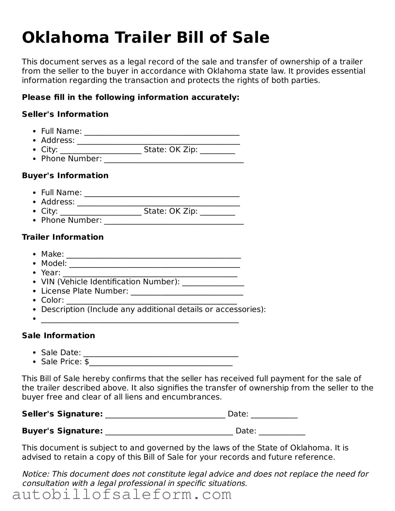 Free  Trailer Bill of Sale Template for Oklahoma