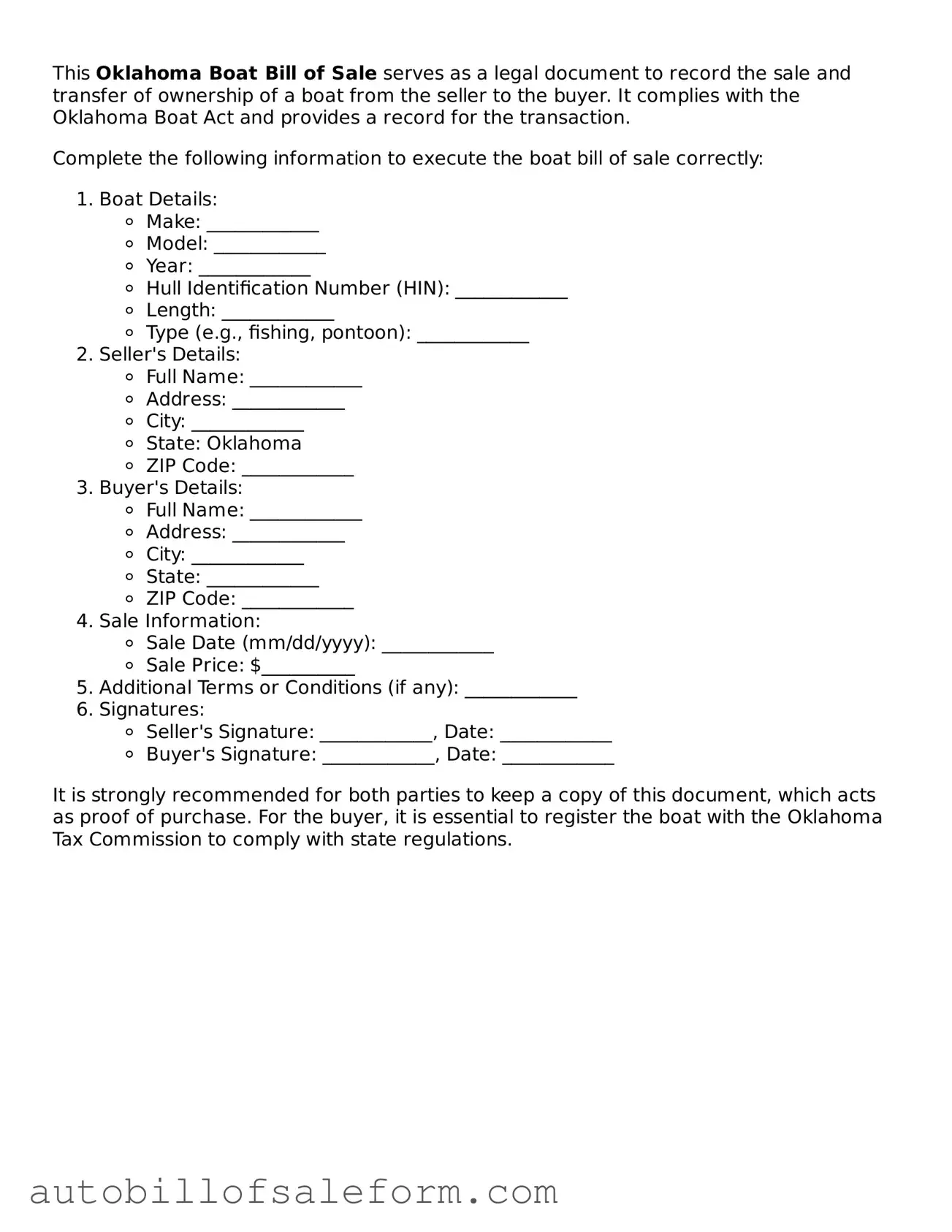 Free  Boat Bill of Sale Template for Oklahoma