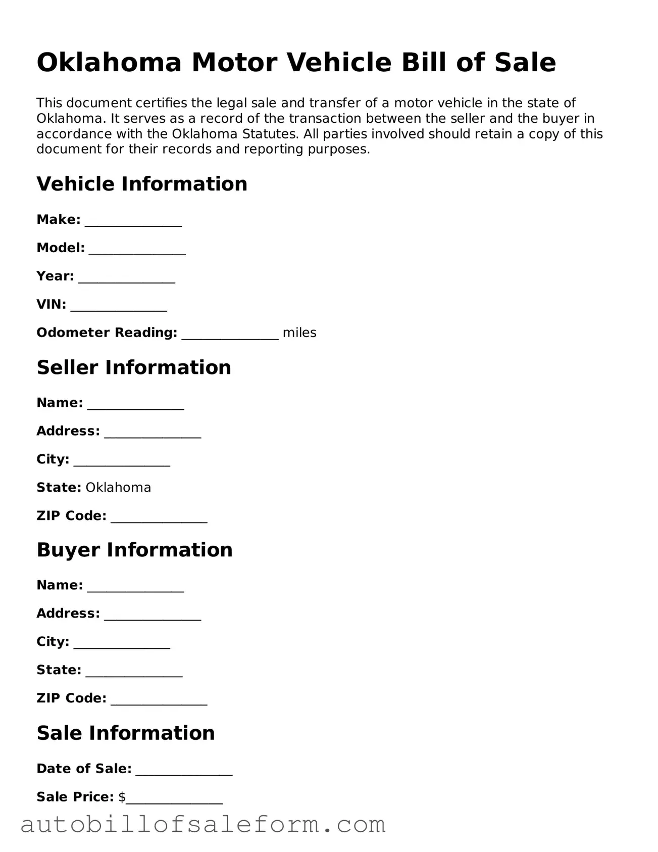 Free  Motor Vehicle Bill of Sale Template for Oklahoma