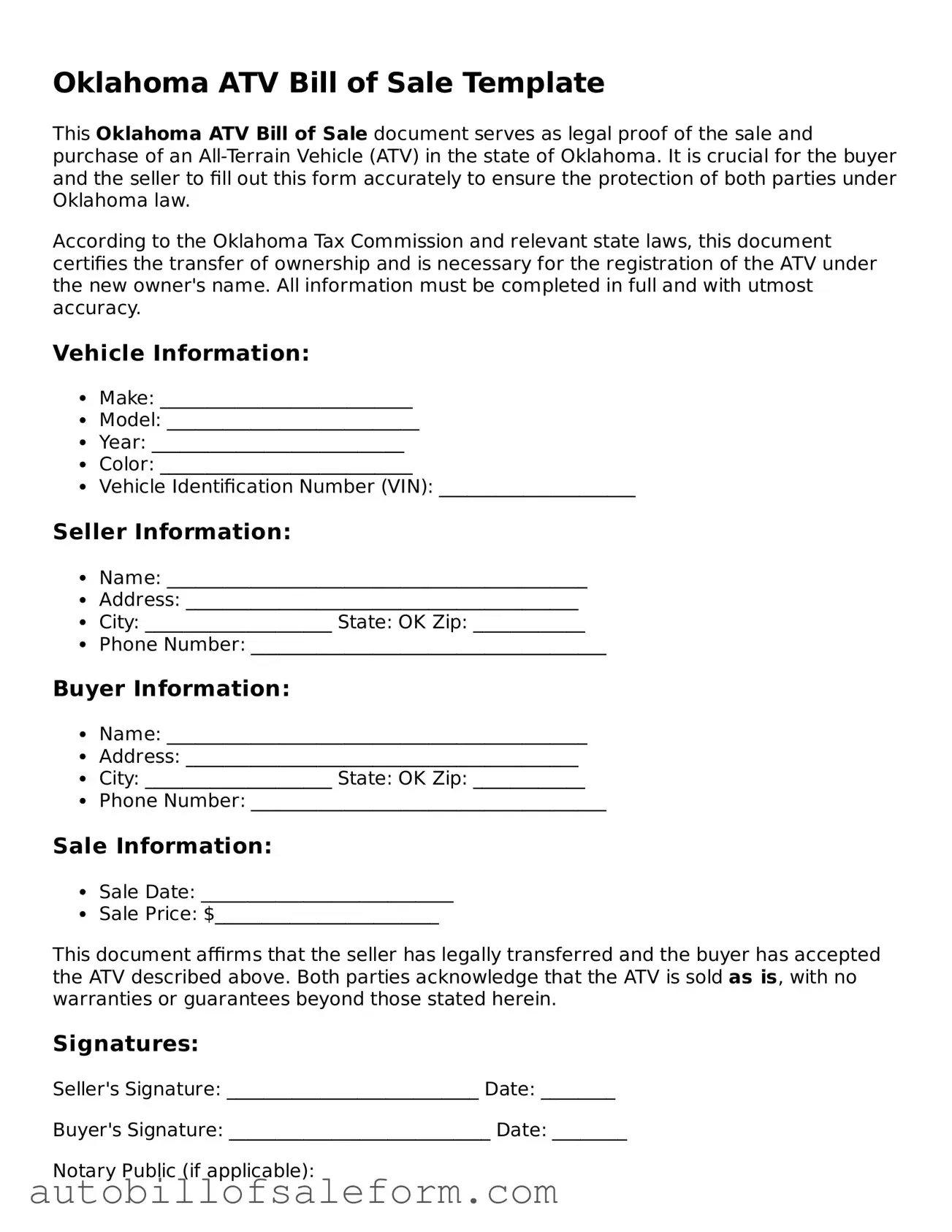 Free  ATV Bill of Sale Template for Oklahoma