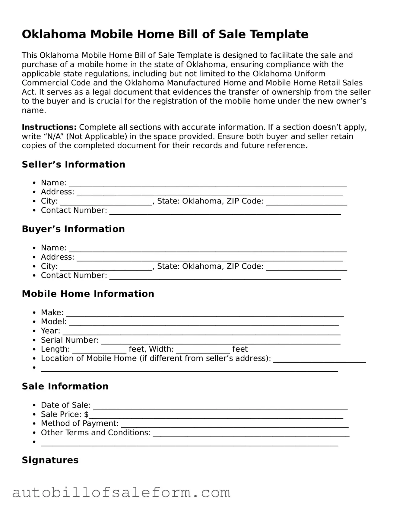 Free  Mobile Home Bill of Sale Template for Oklahoma