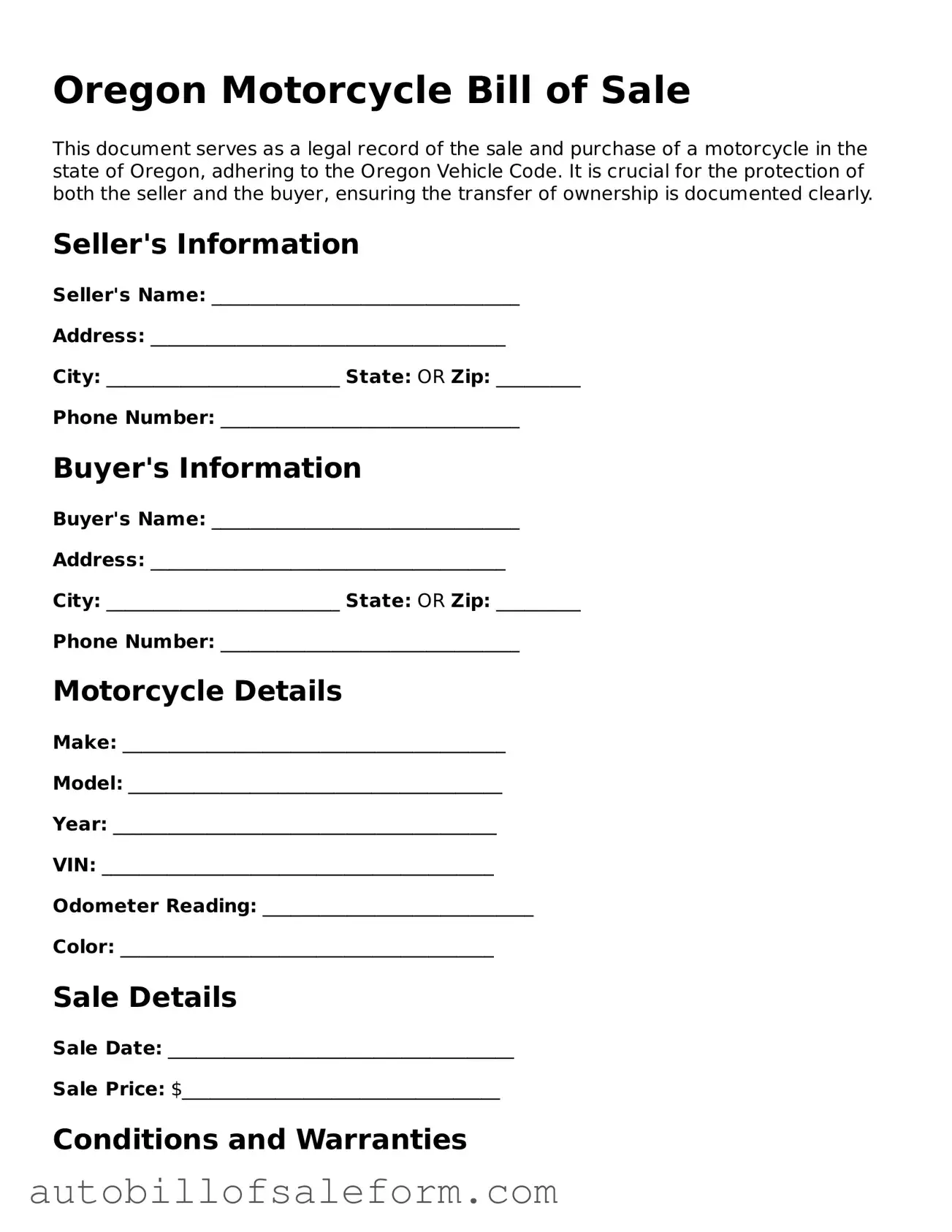 Free  Motorcycle Bill of Sale Template for Oregon