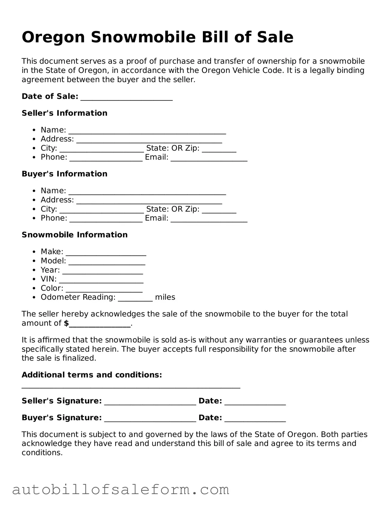 Free  Snowmobile Bill of Sale Template for Oregon