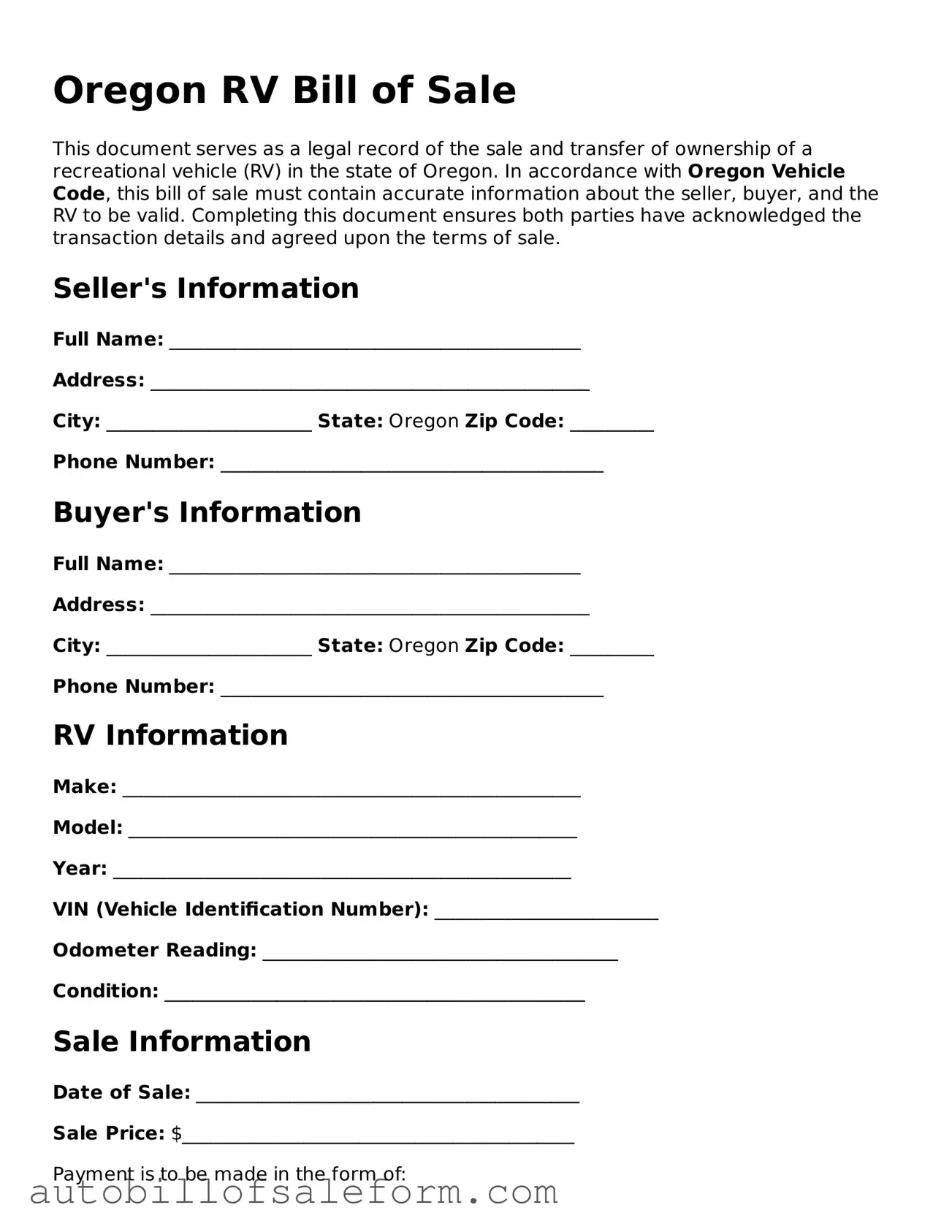 Free  RV Bill of Sale Template for Oregon