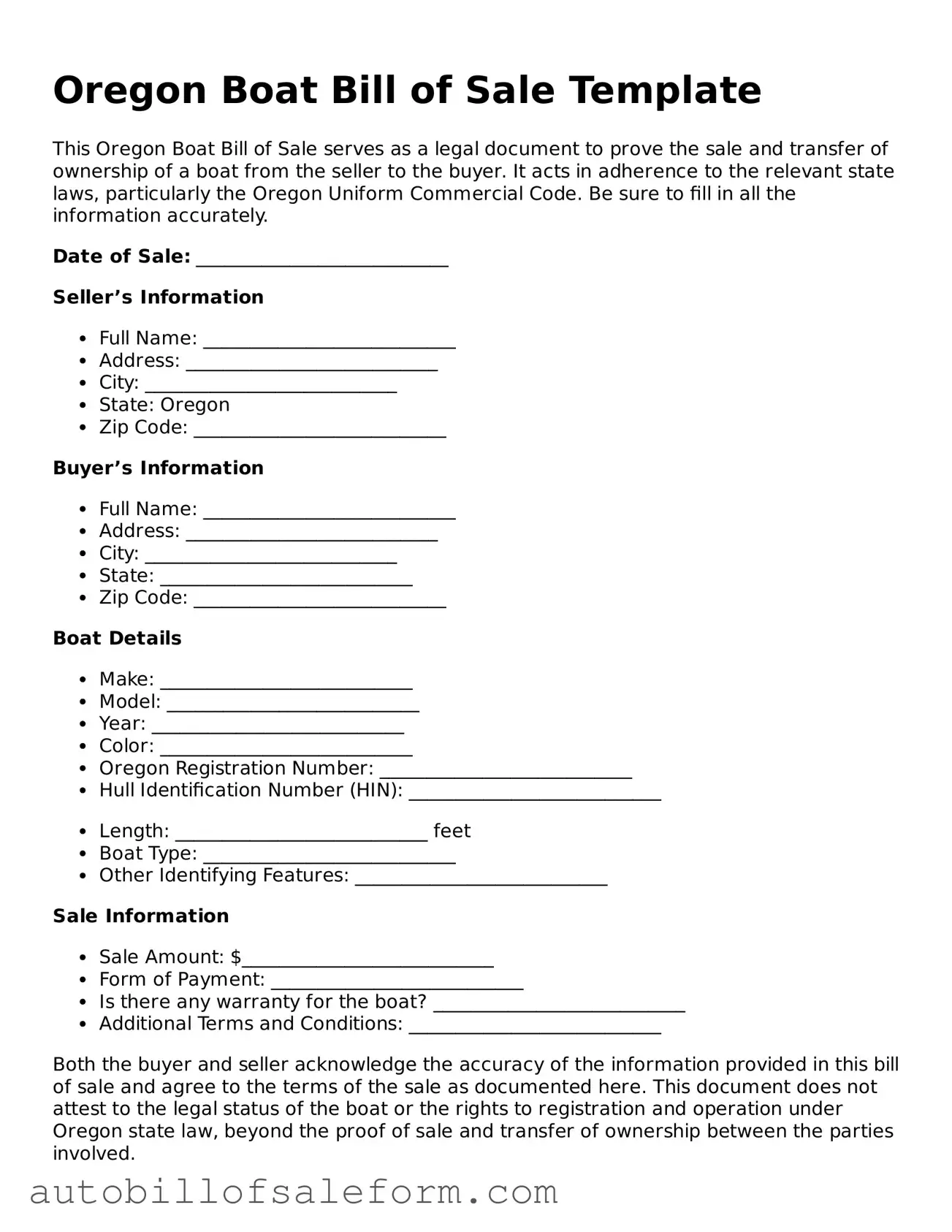 Free  Boat Bill of Sale Template for Oregon
