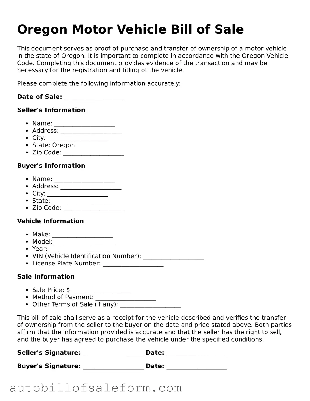Free  Motor Vehicle Bill of Sale Template for Oregon