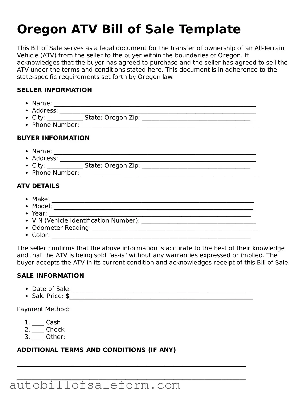 Free  ATV Bill of Sale Template for Oregon