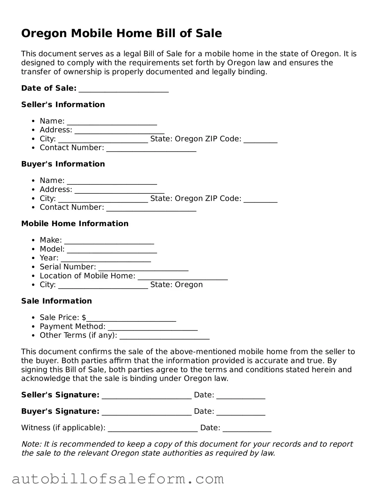 Free  Mobile Home Bill of Sale Template for Oregon
