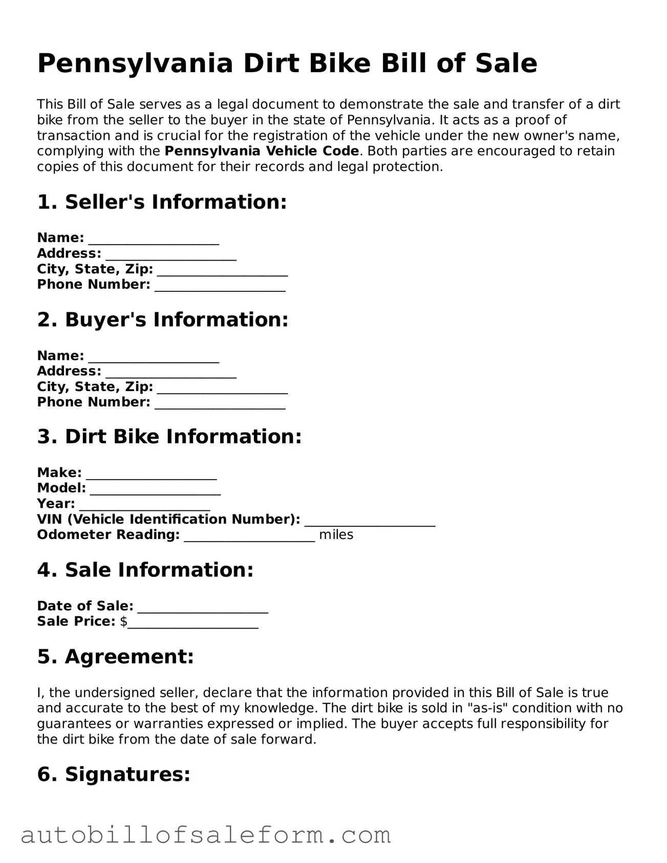 Free  Dirt Bike Bill of Sale Template for Pennsylvania