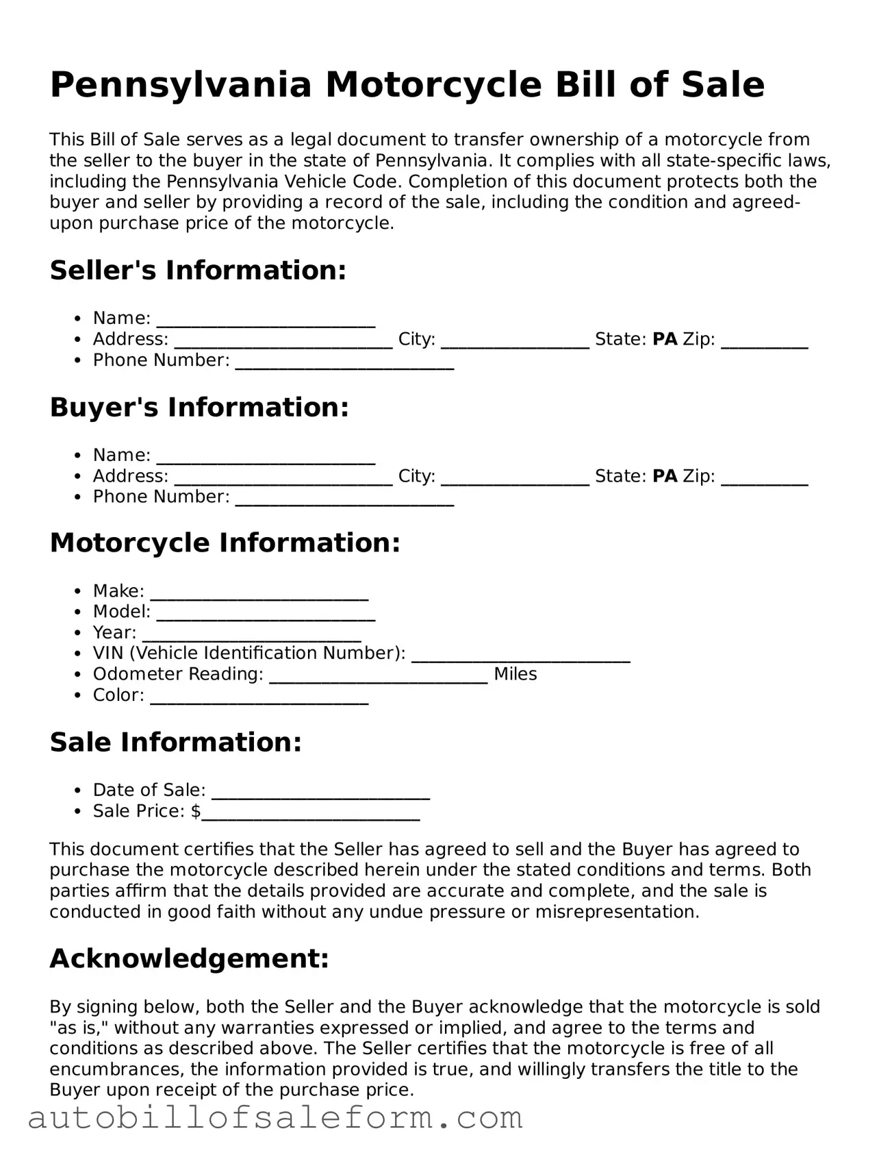 Free  Motorcycle Bill of Sale Template for Pennsylvania