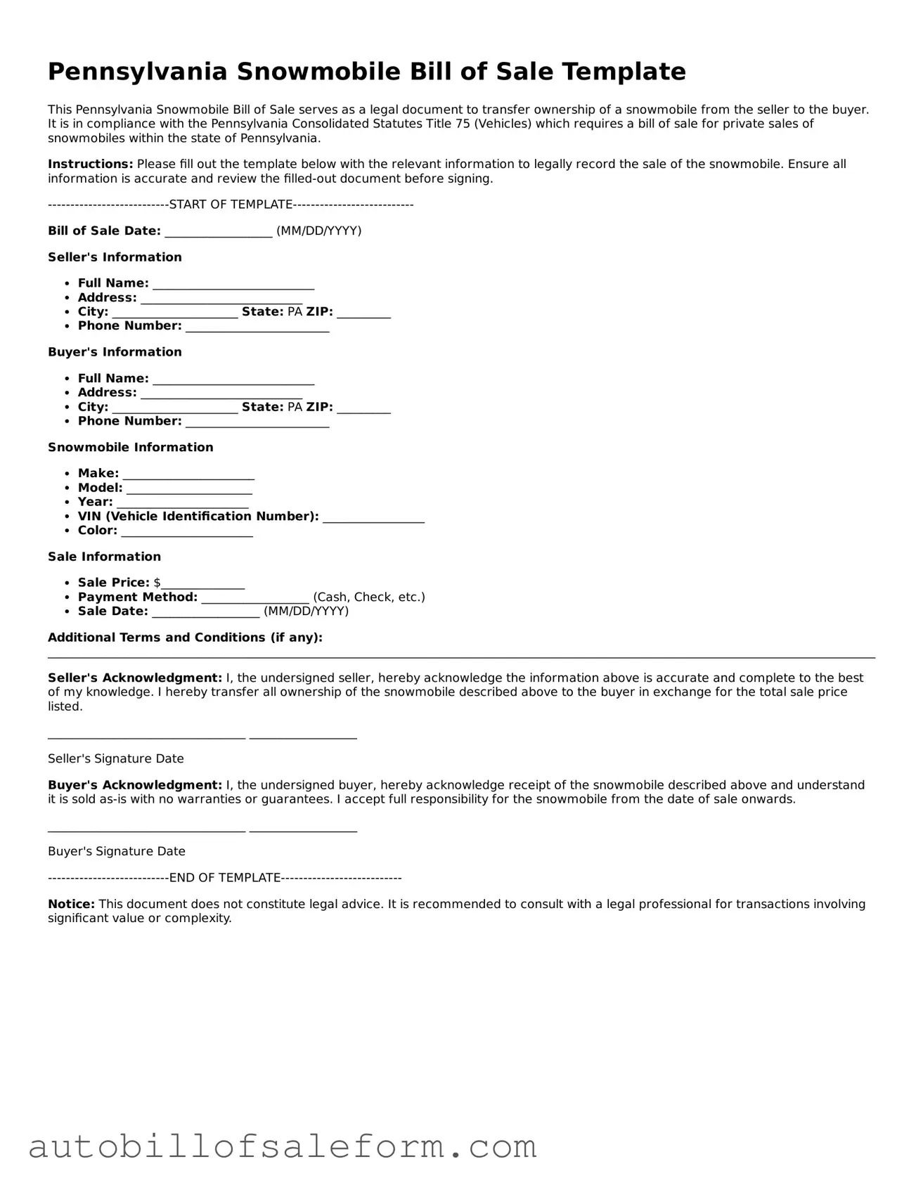 Free  Snowmobile Bill of Sale Template for Pennsylvania