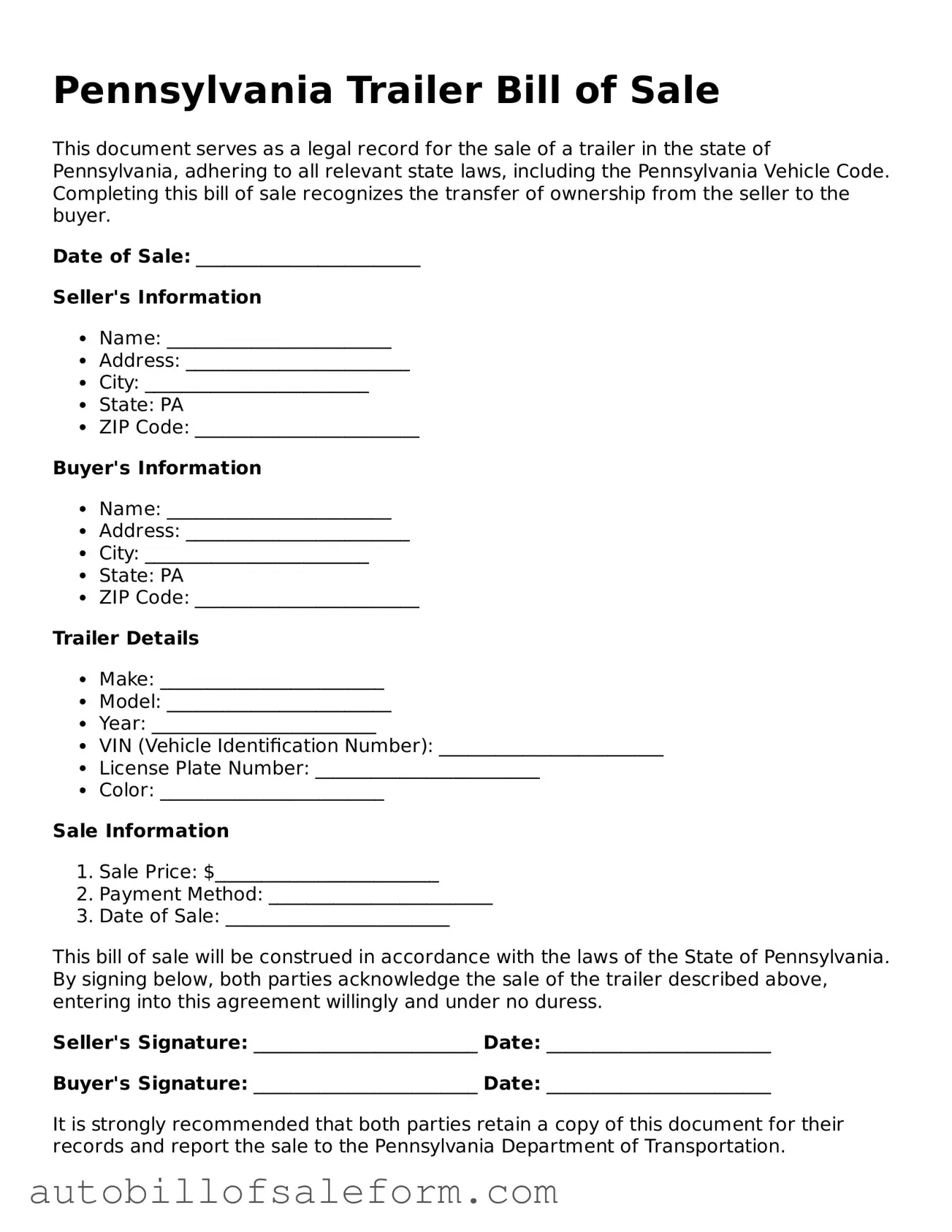 Free  Trailer Bill of Sale Template for Pennsylvania