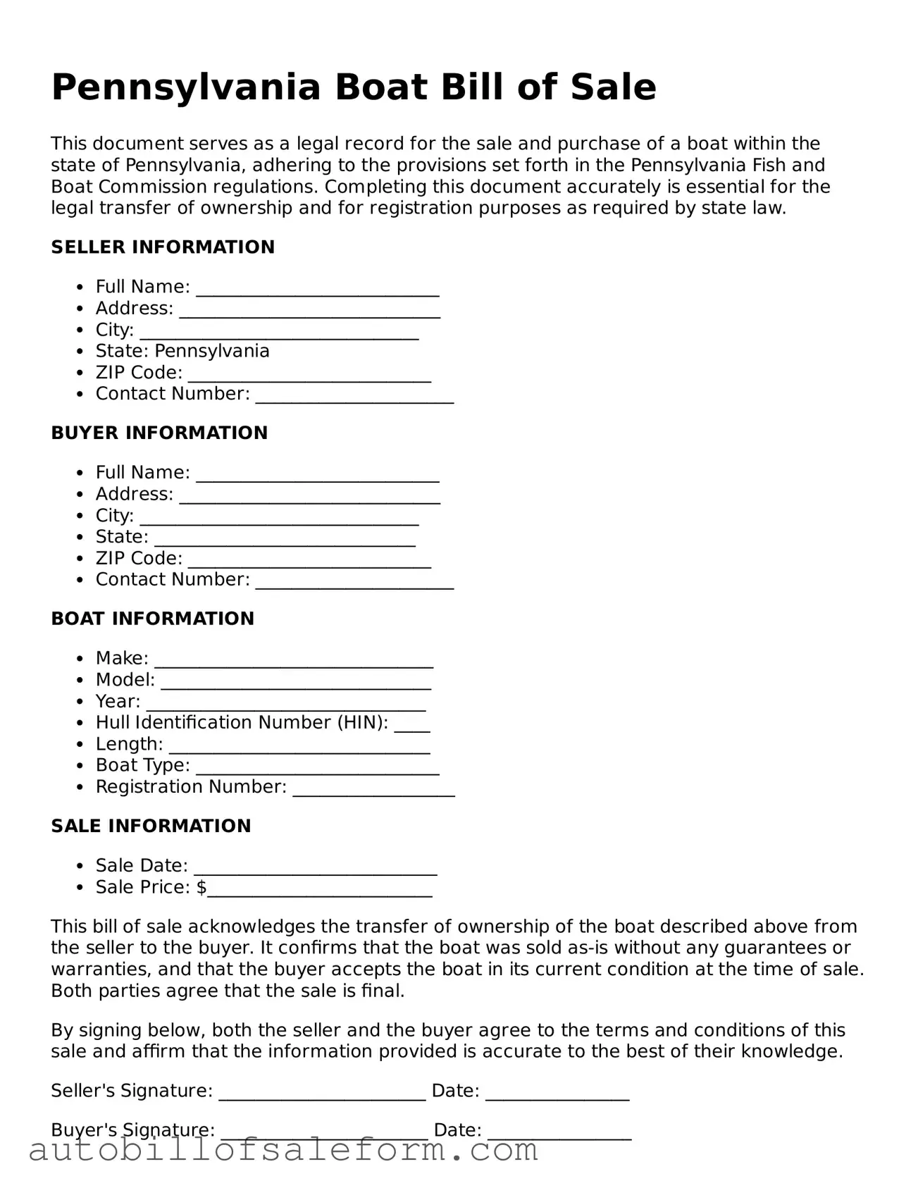 Free  Boat Bill of Sale Template for Pennsylvania