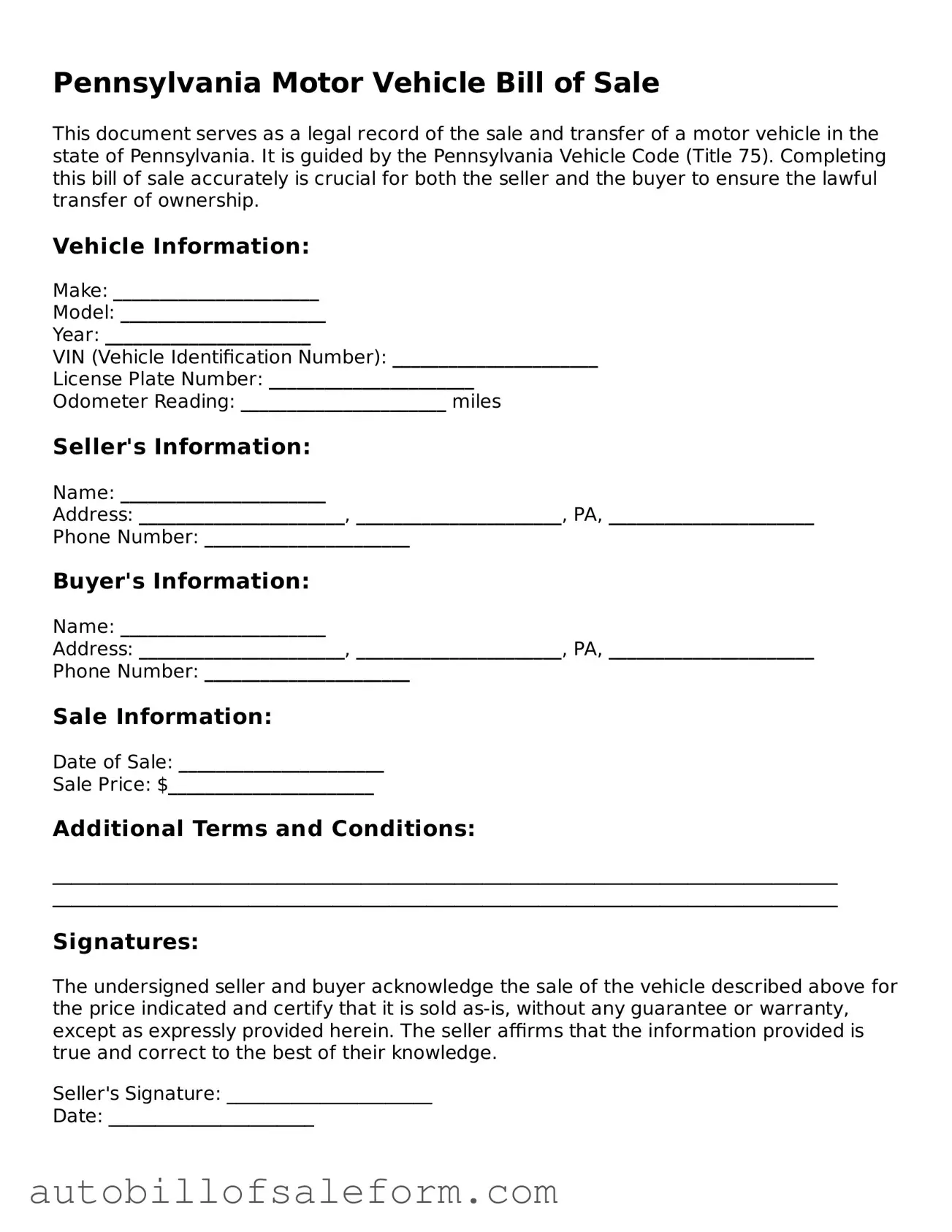 Free  Motor Vehicle Bill of Sale Template for Pennsylvania