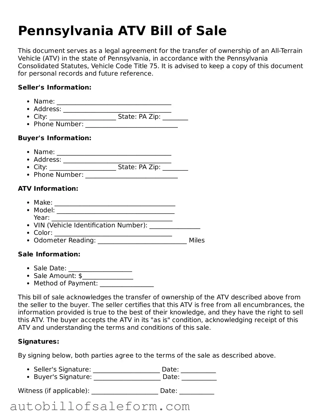 Free  ATV Bill of Sale Template for Pennsylvania