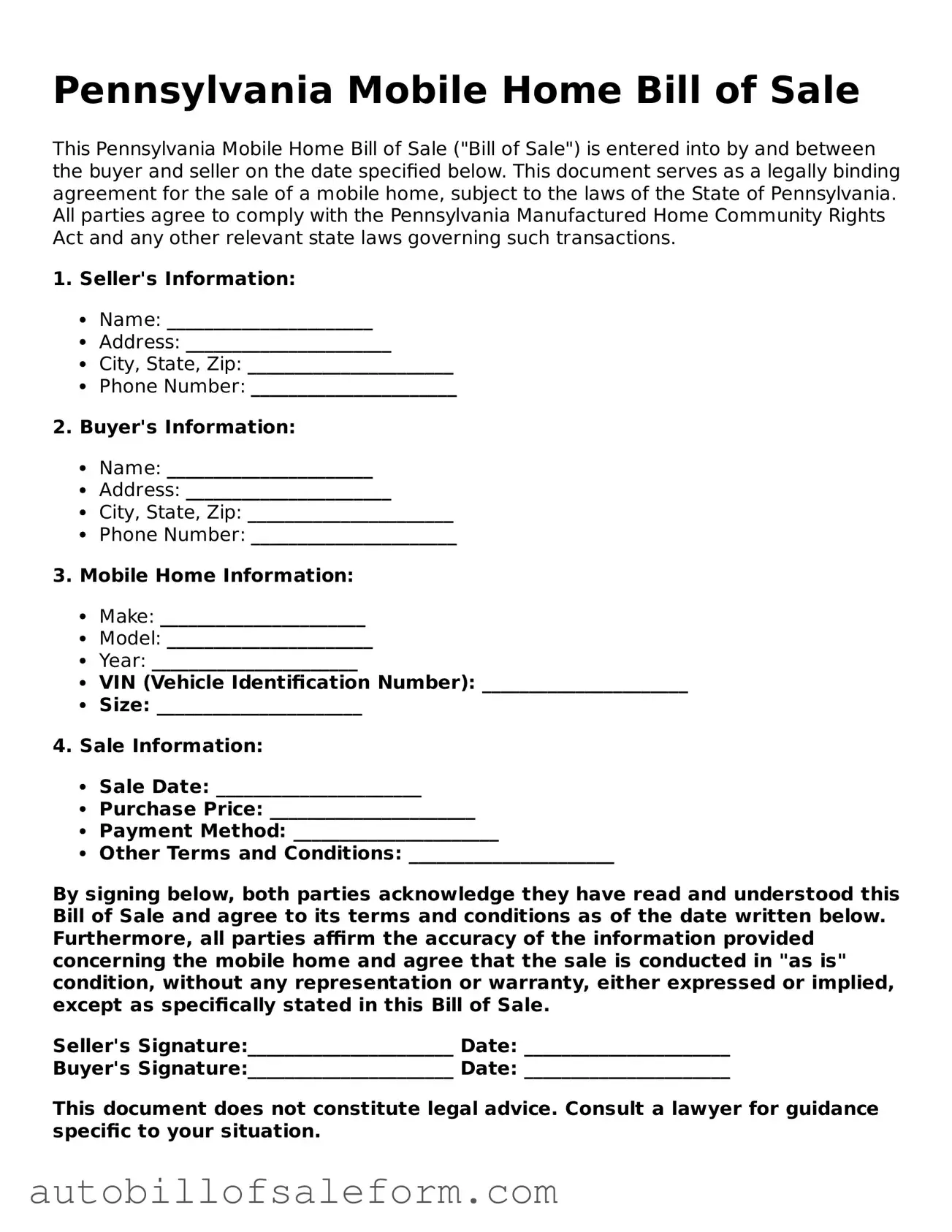 Free  Mobile Home Bill of Sale Template for Pennsylvania
