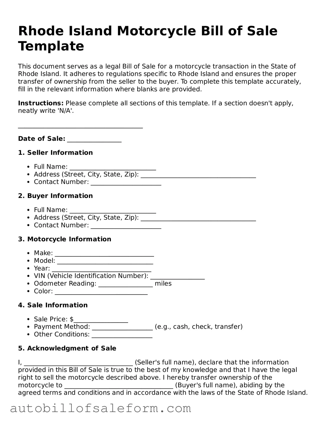 Free  Motorcycle Bill of Sale Template for Rhode Island