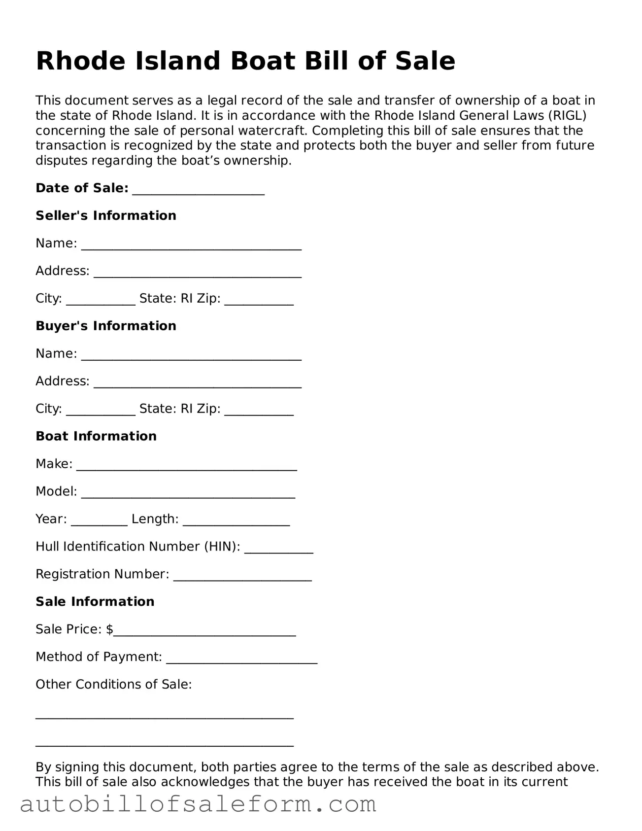 Free  Boat Bill of Sale Template for Rhode Island