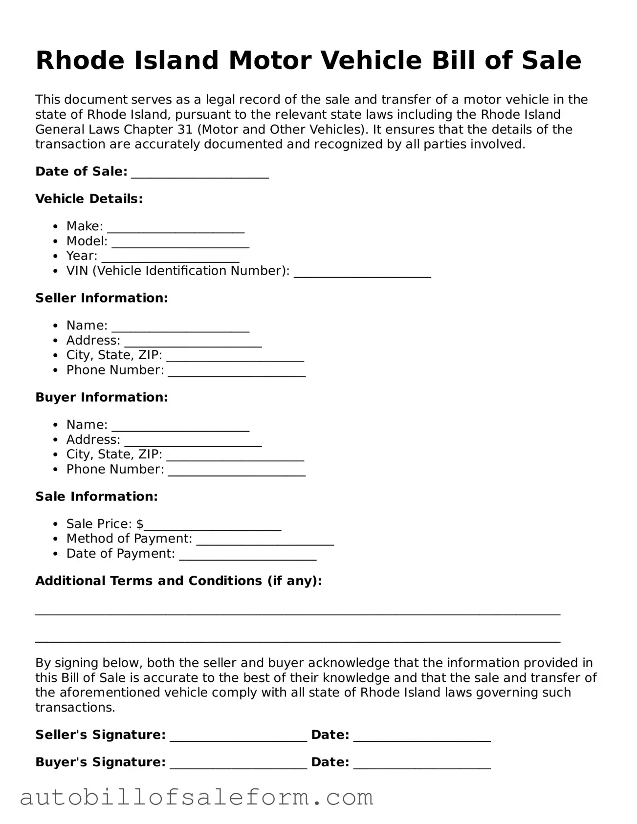Free  Motor Vehicle Bill of Sale Template for Rhode Island