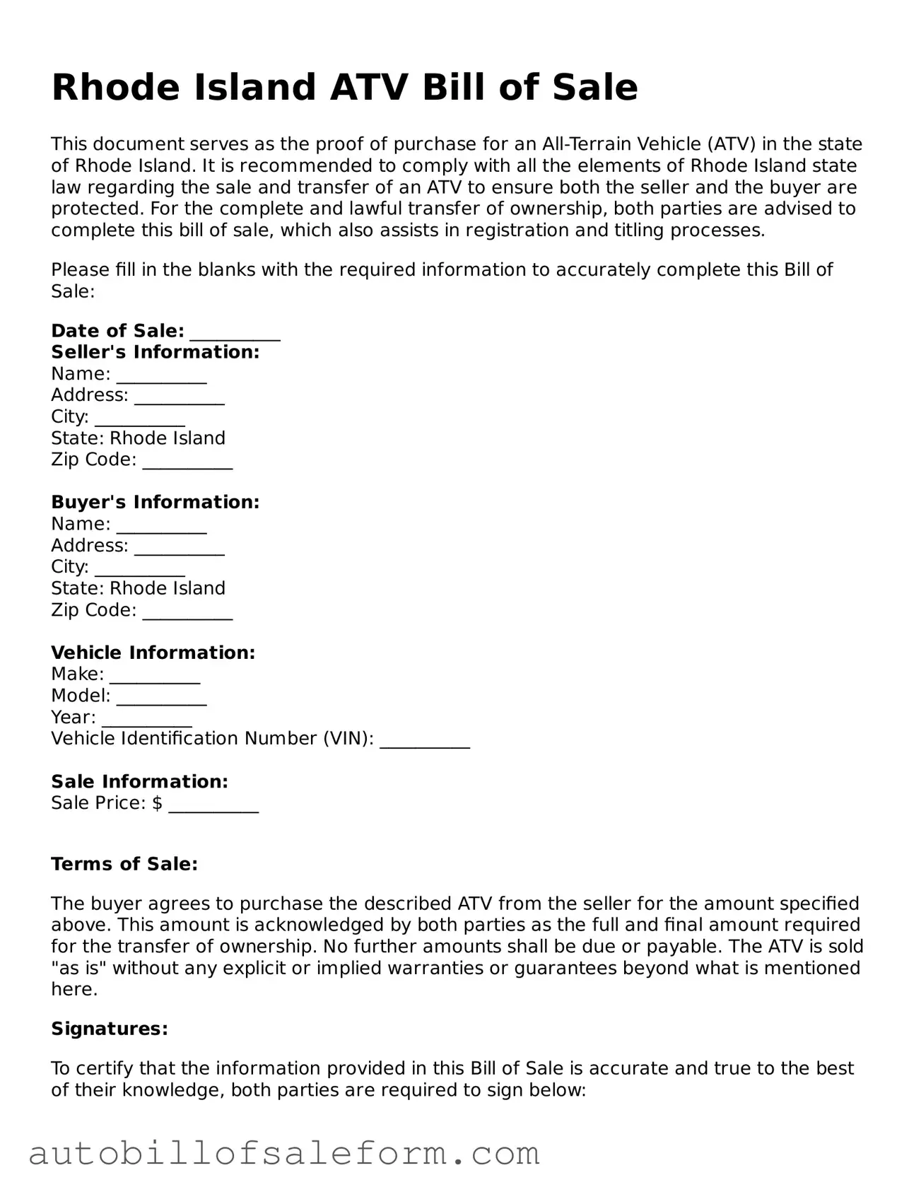 Free  ATV Bill of Sale Template for Rhode Island