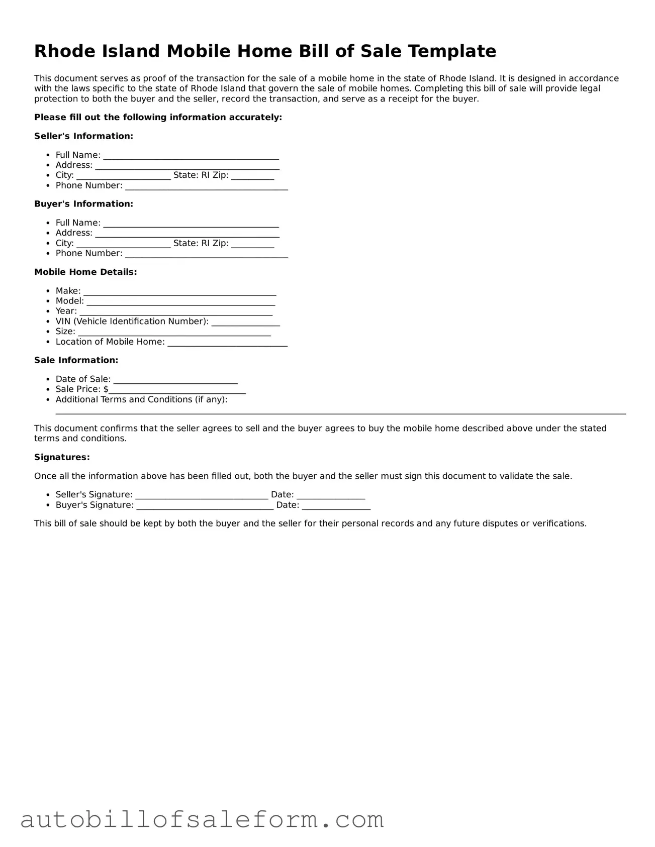 Free  Mobile Home Bill of Sale Template for Rhode Island