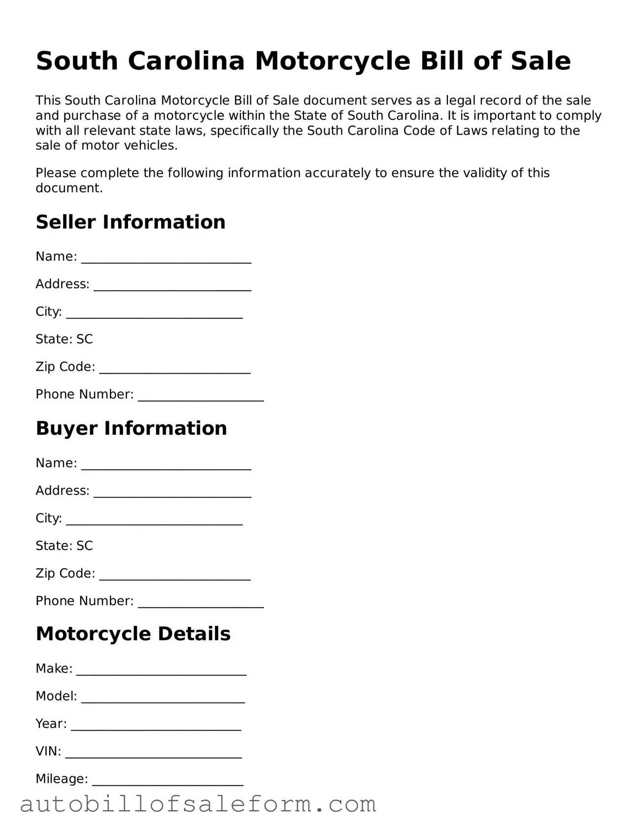 Free  Motorcycle Bill of Sale Template for South Carolina