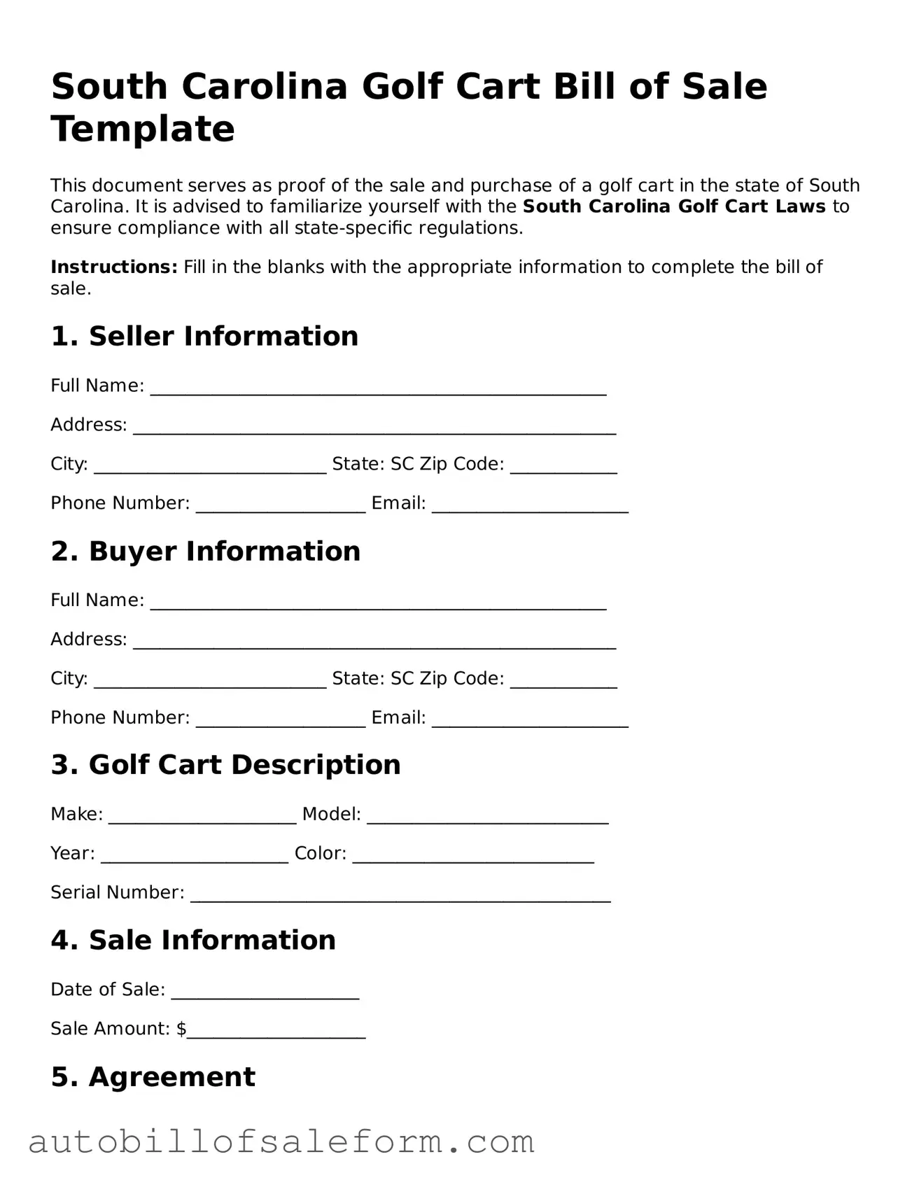 Free  Golf Cart Bill of Sale Template for South Carolina