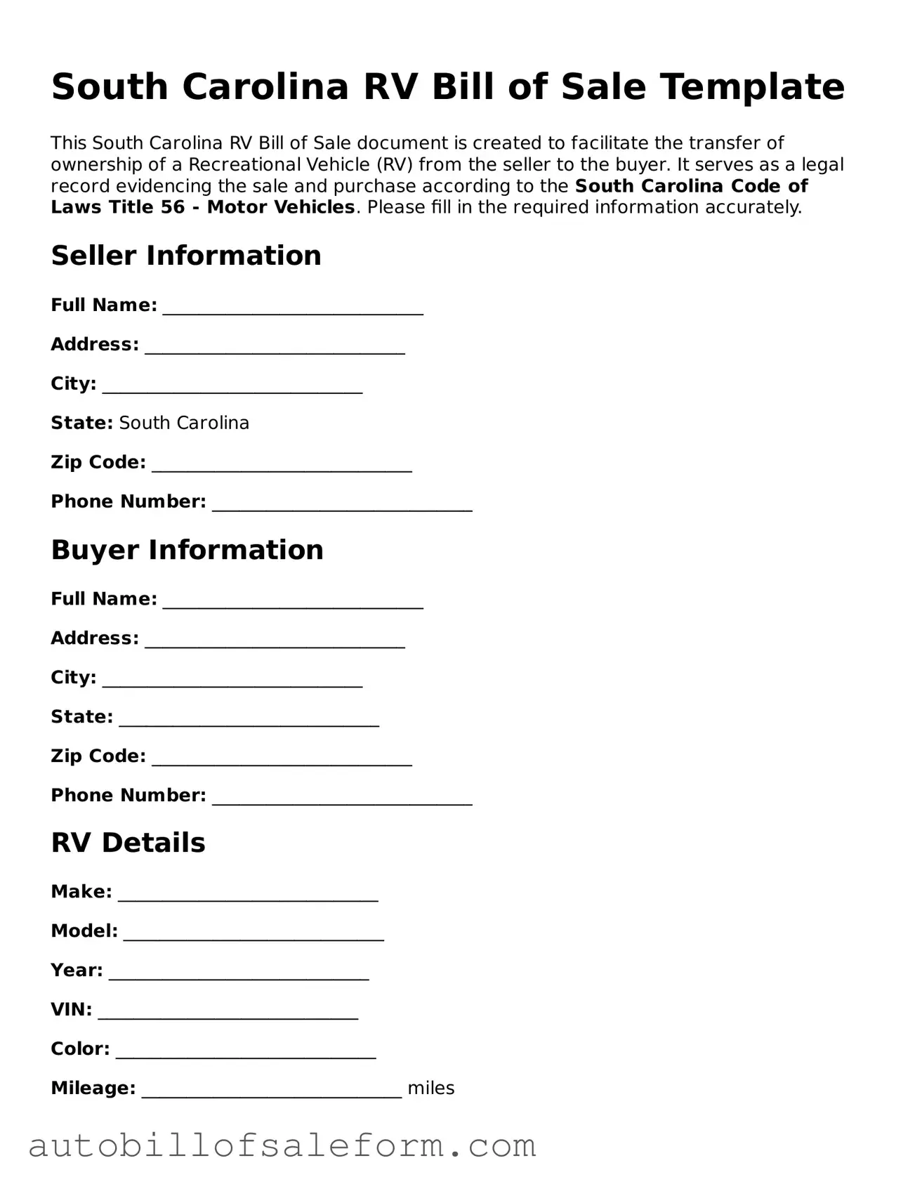 Free  RV Bill of Sale Template for South Carolina