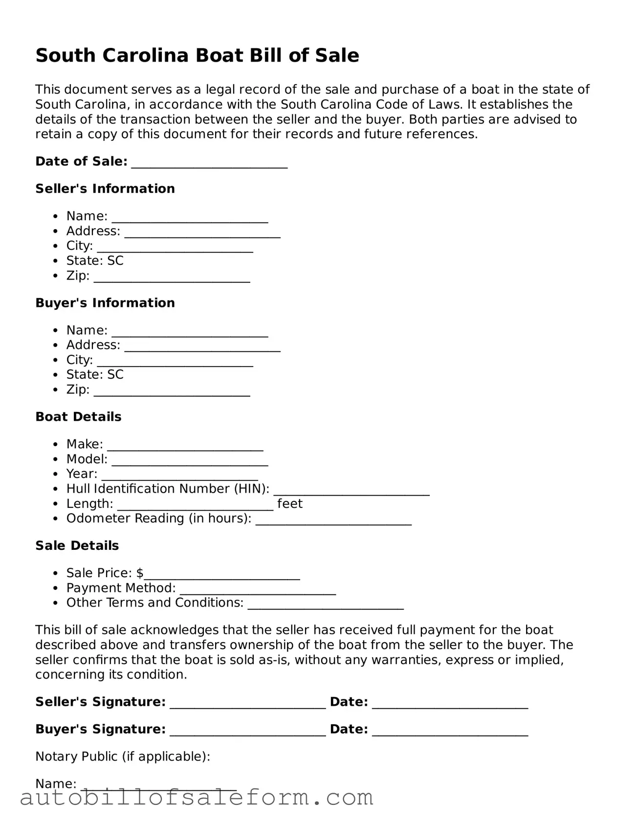 Free  Boat Bill of Sale Template for South Carolina