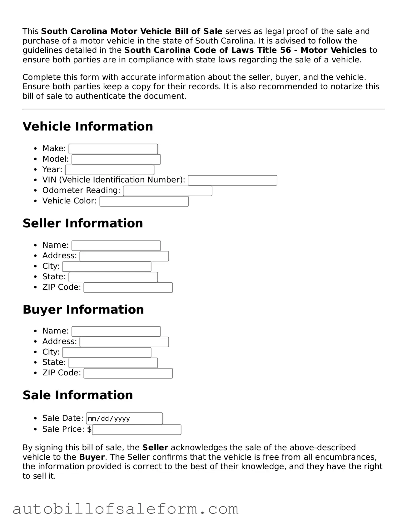Free  Motor Vehicle Bill of Sale Template for South Carolina