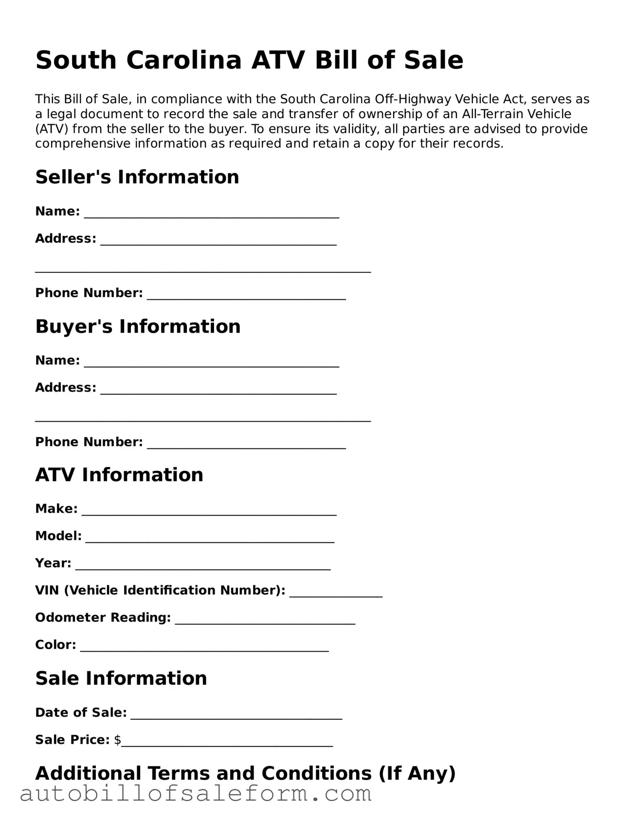 Free  ATV Bill of Sale Template for South Carolina