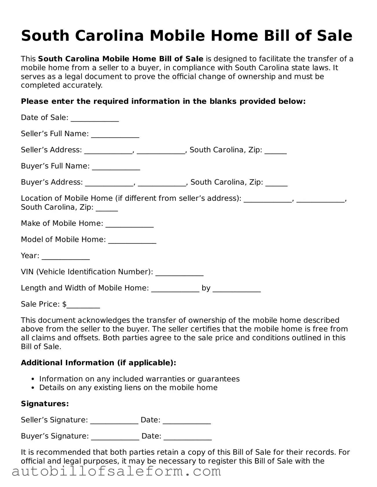 Free  Mobile Home Bill of Sale Template for South Carolina