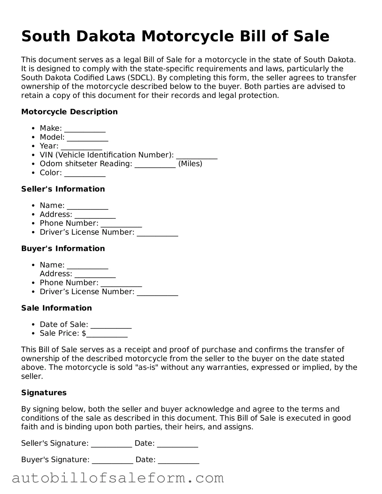 Free  Motorcycle Bill of Sale Template for South Dakota
