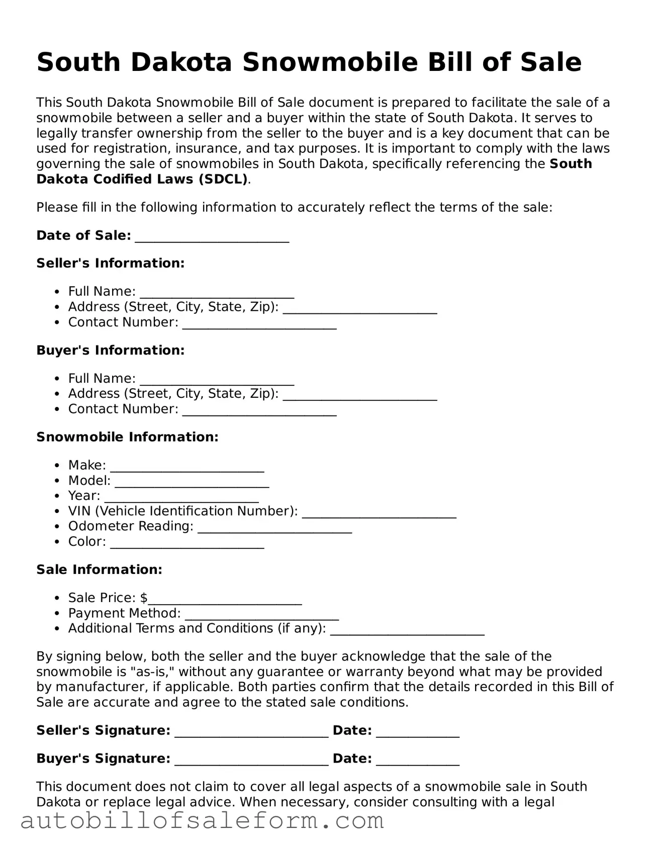 Free  Snowmobile Bill of Sale Template for South Dakota