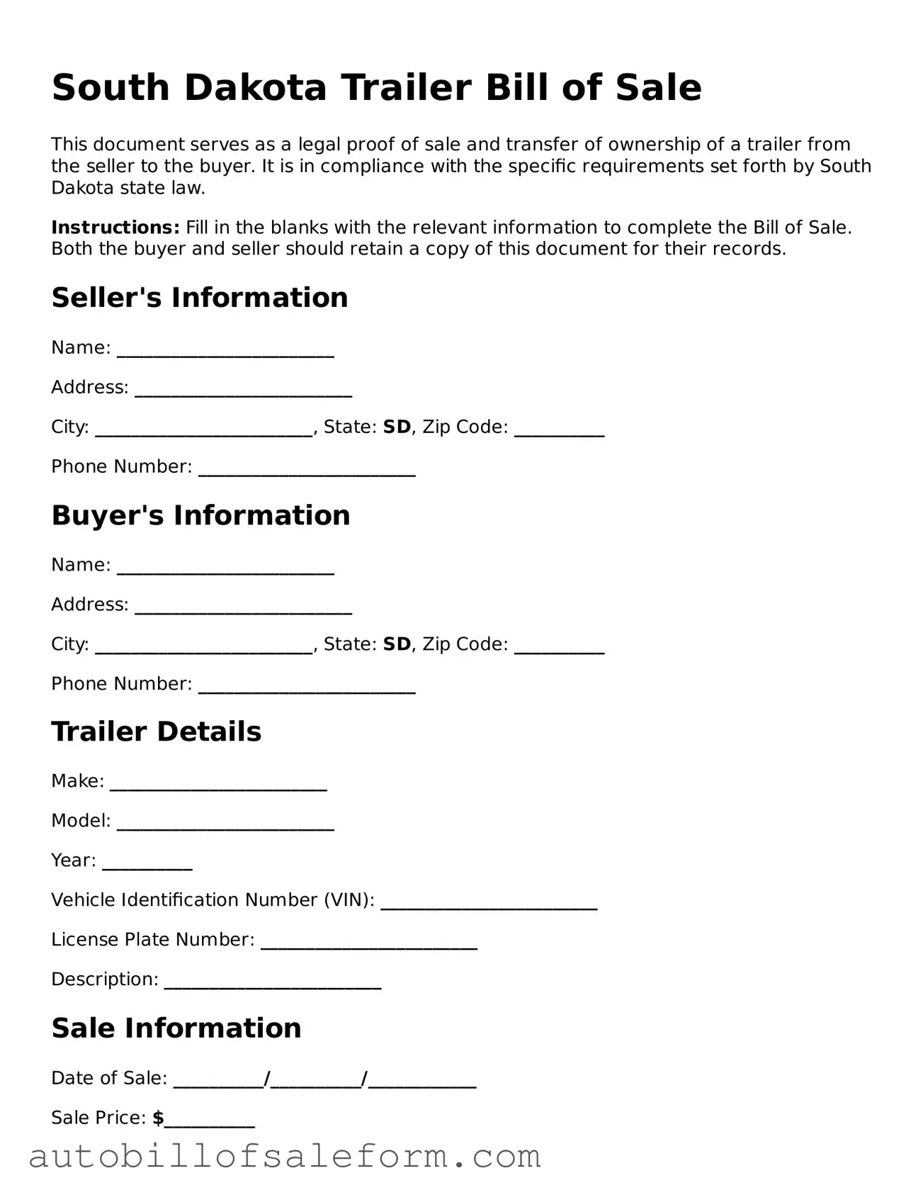 Free  Trailer Bill of Sale Template for South Dakota