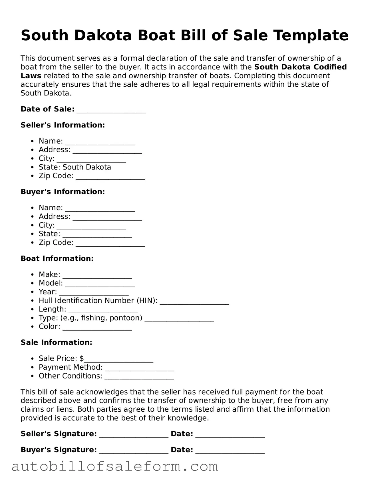 Free  Boat Bill of Sale Template for South Dakota
