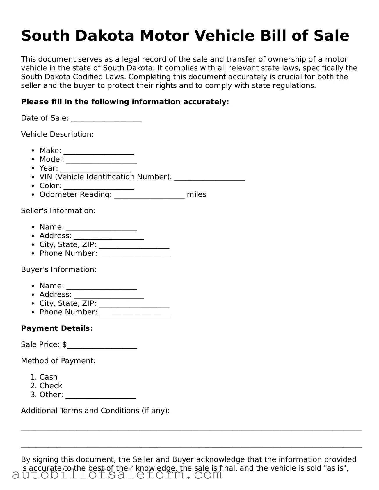 Free  Motor Vehicle Bill of Sale Template for South Dakota