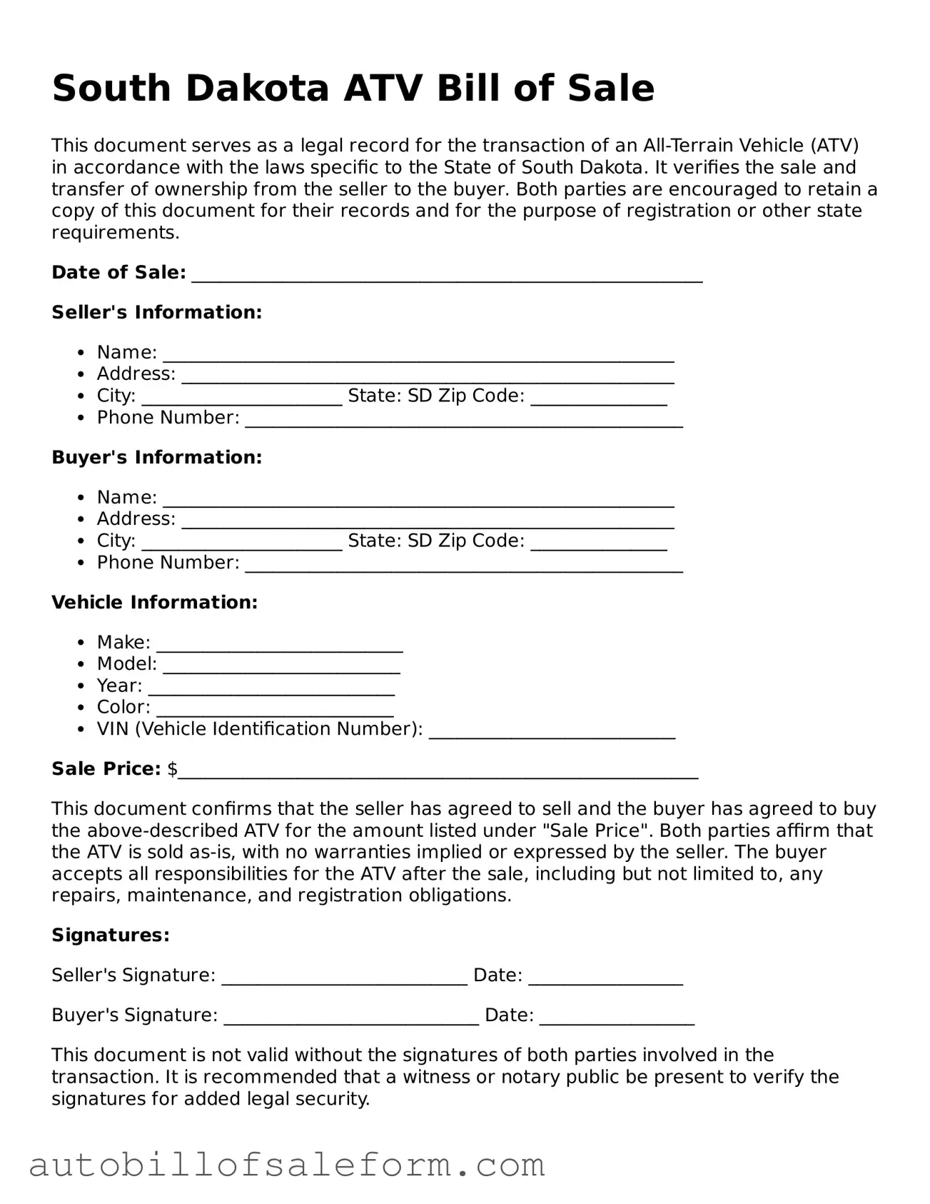 Free  ATV Bill of Sale Template for South Dakota