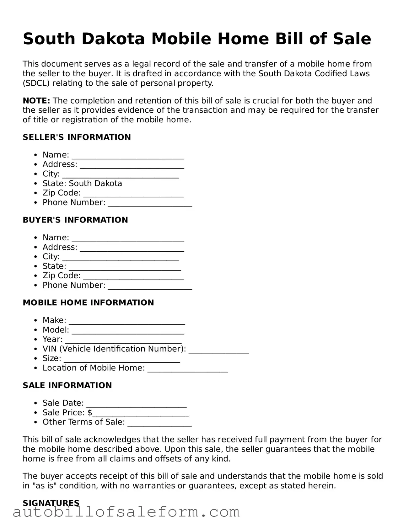 Free  Mobile Home Bill of Sale Template for South Dakota