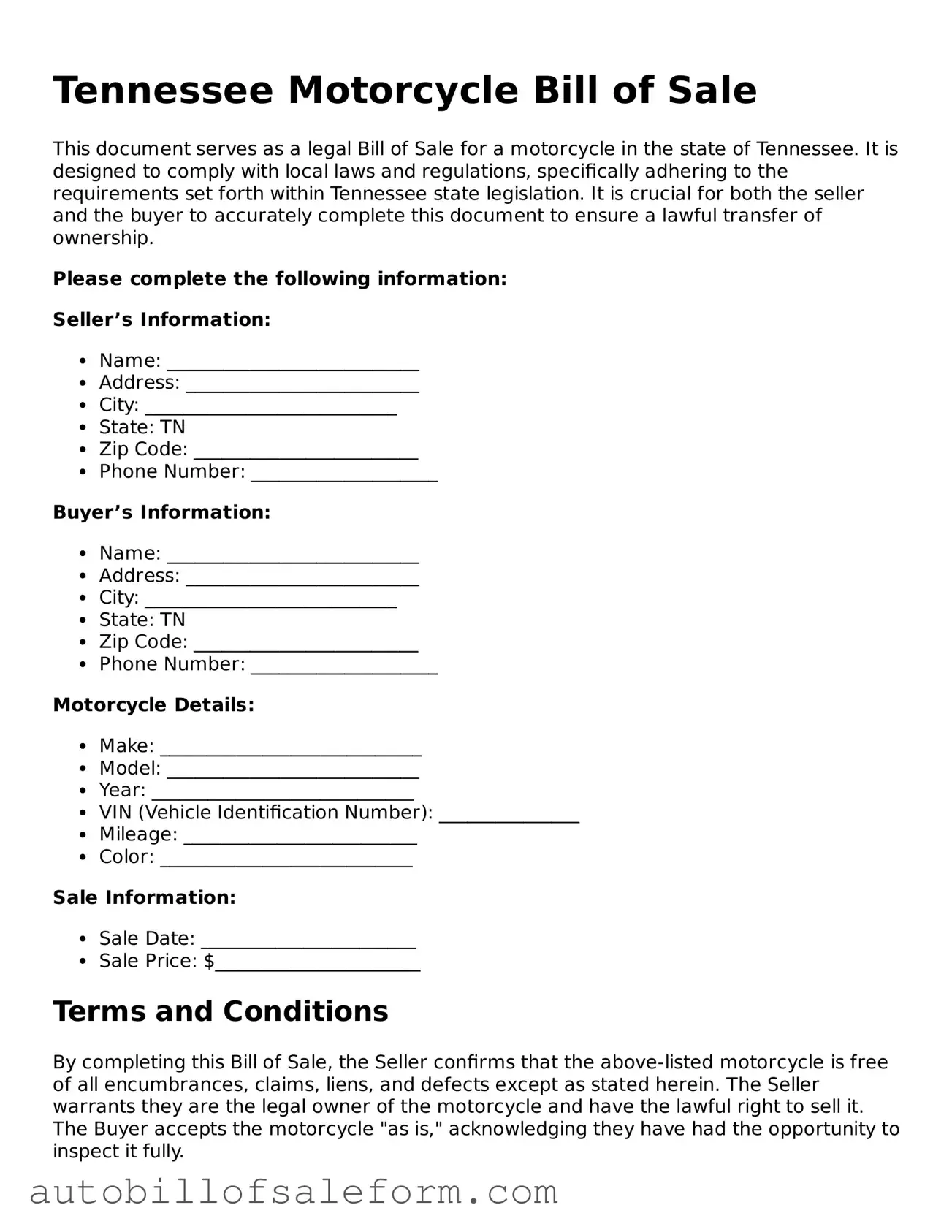 Free  Motorcycle Bill of Sale Template for Tennessee