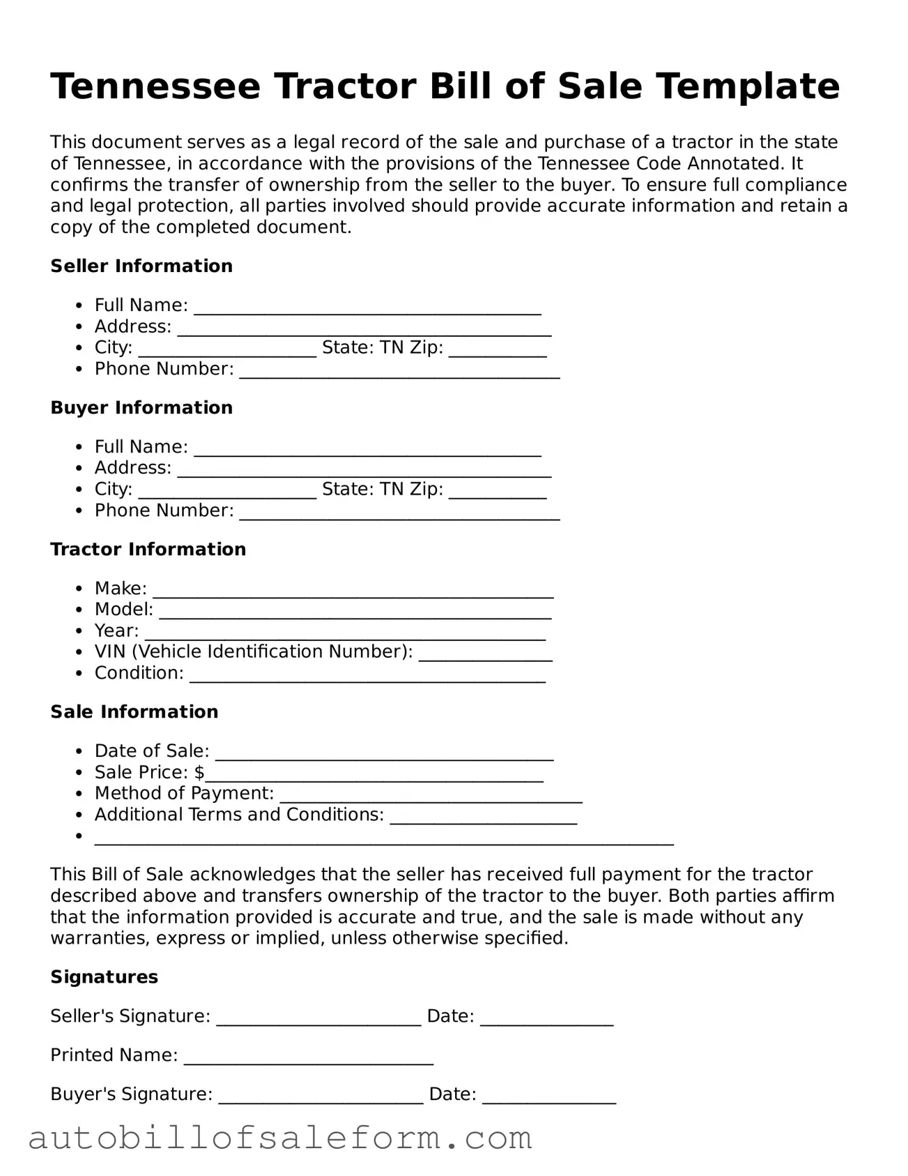 Free  Tractor Bill of Sale Template for Tennessee