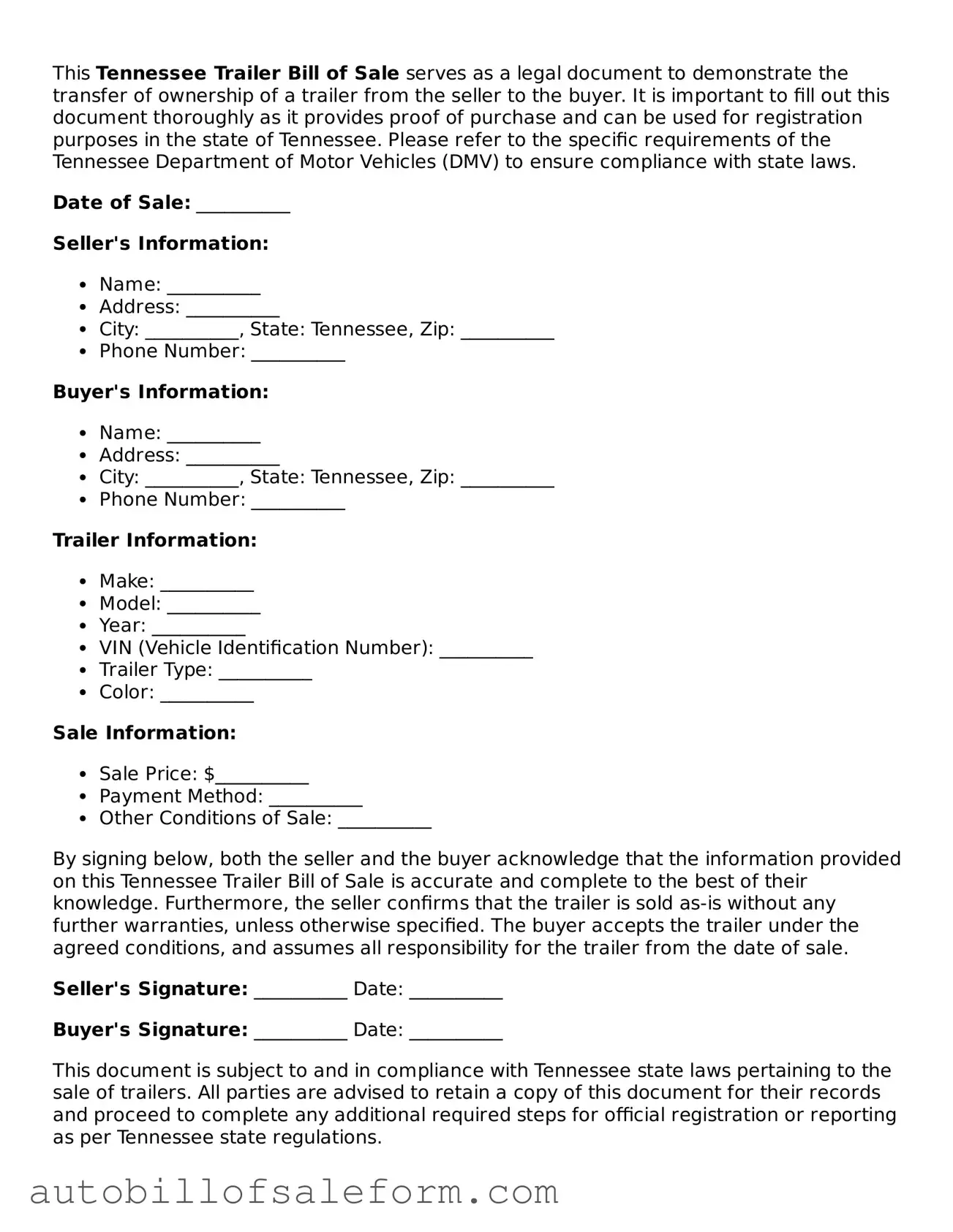 Free  Trailer Bill of Sale Template for Tennessee