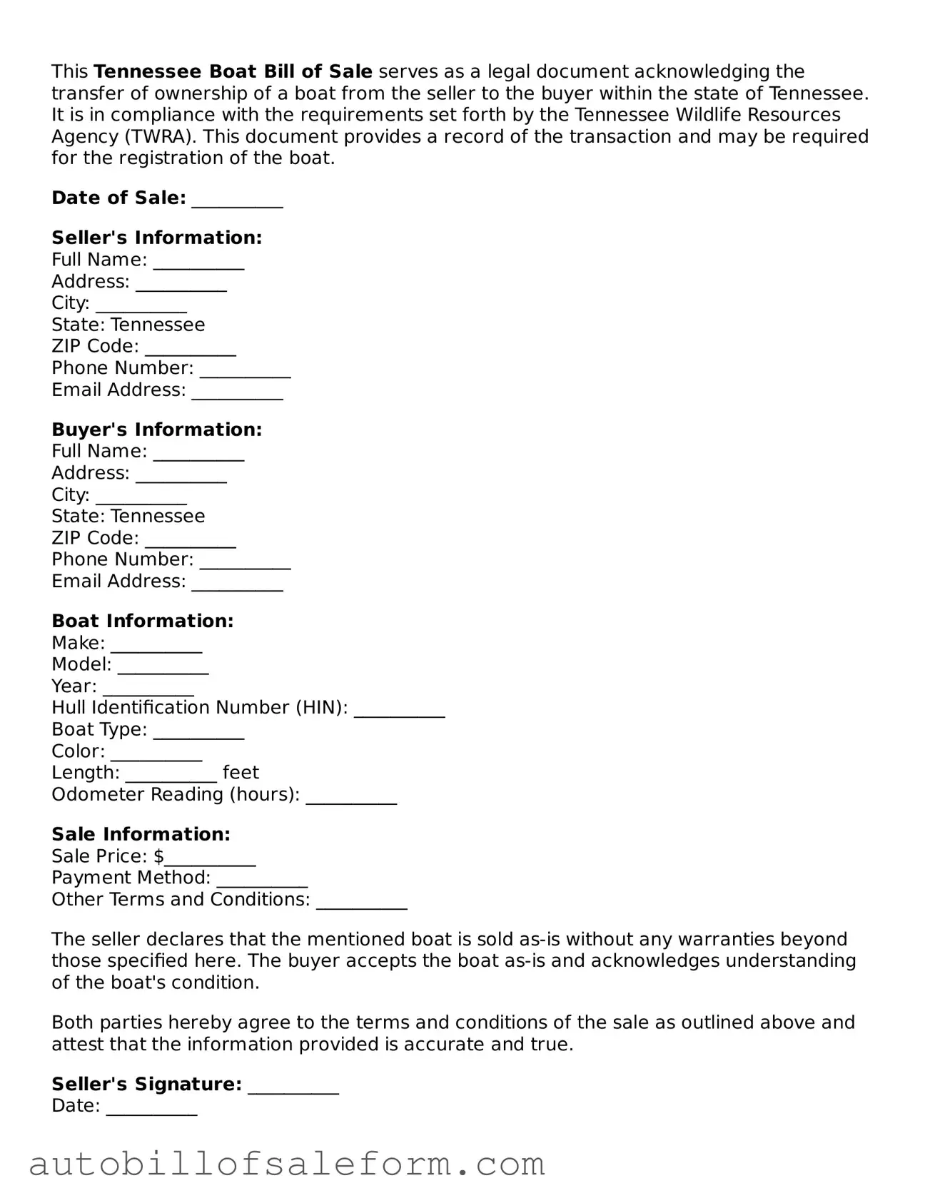 Free  Boat Bill of Sale Template for Tennessee