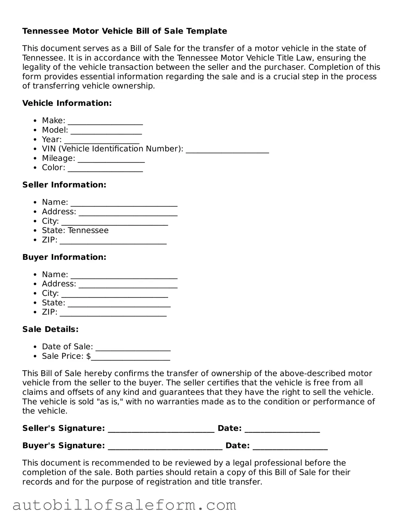Free  Motor Vehicle Bill of Sale Template for Tennessee