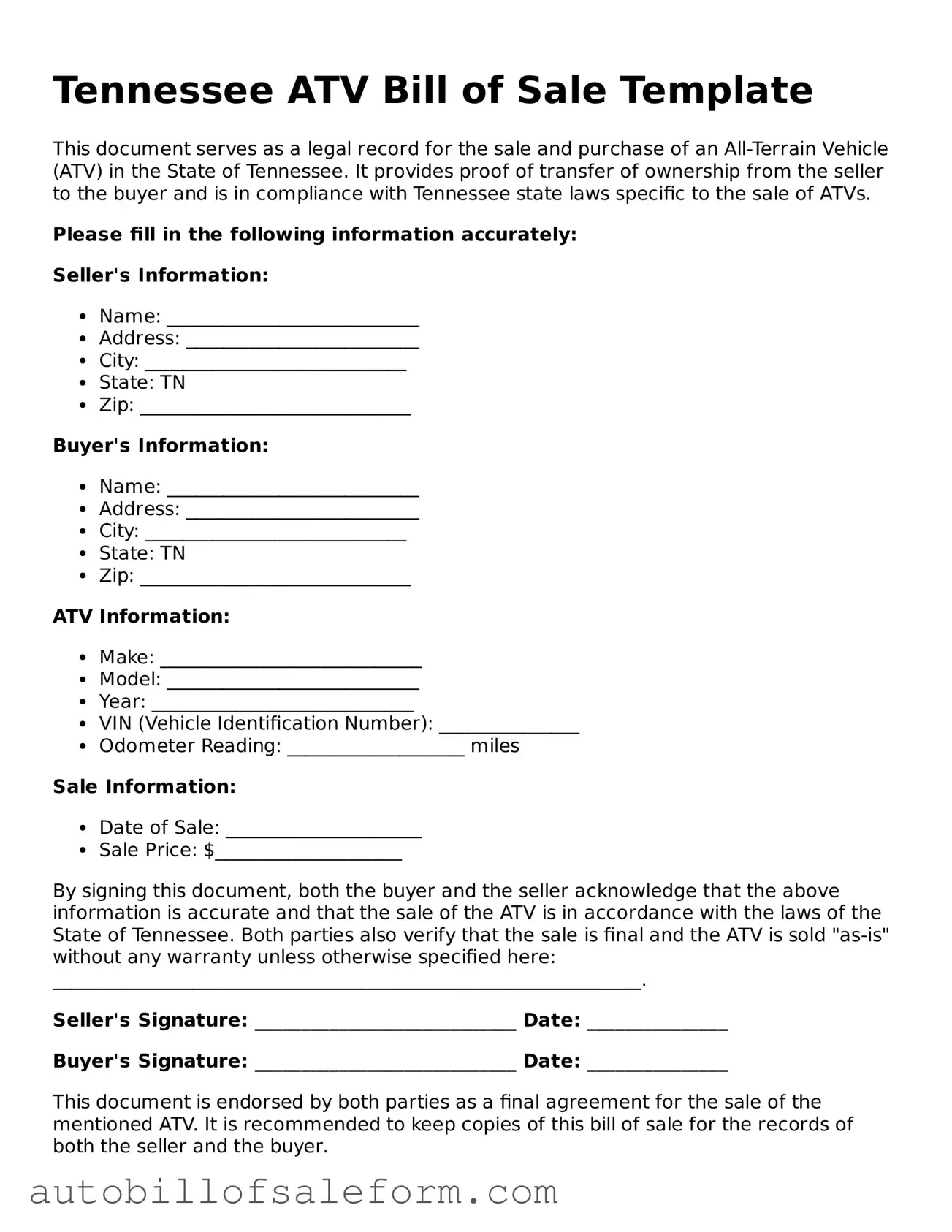 Free  ATV Bill of Sale Template for Tennessee