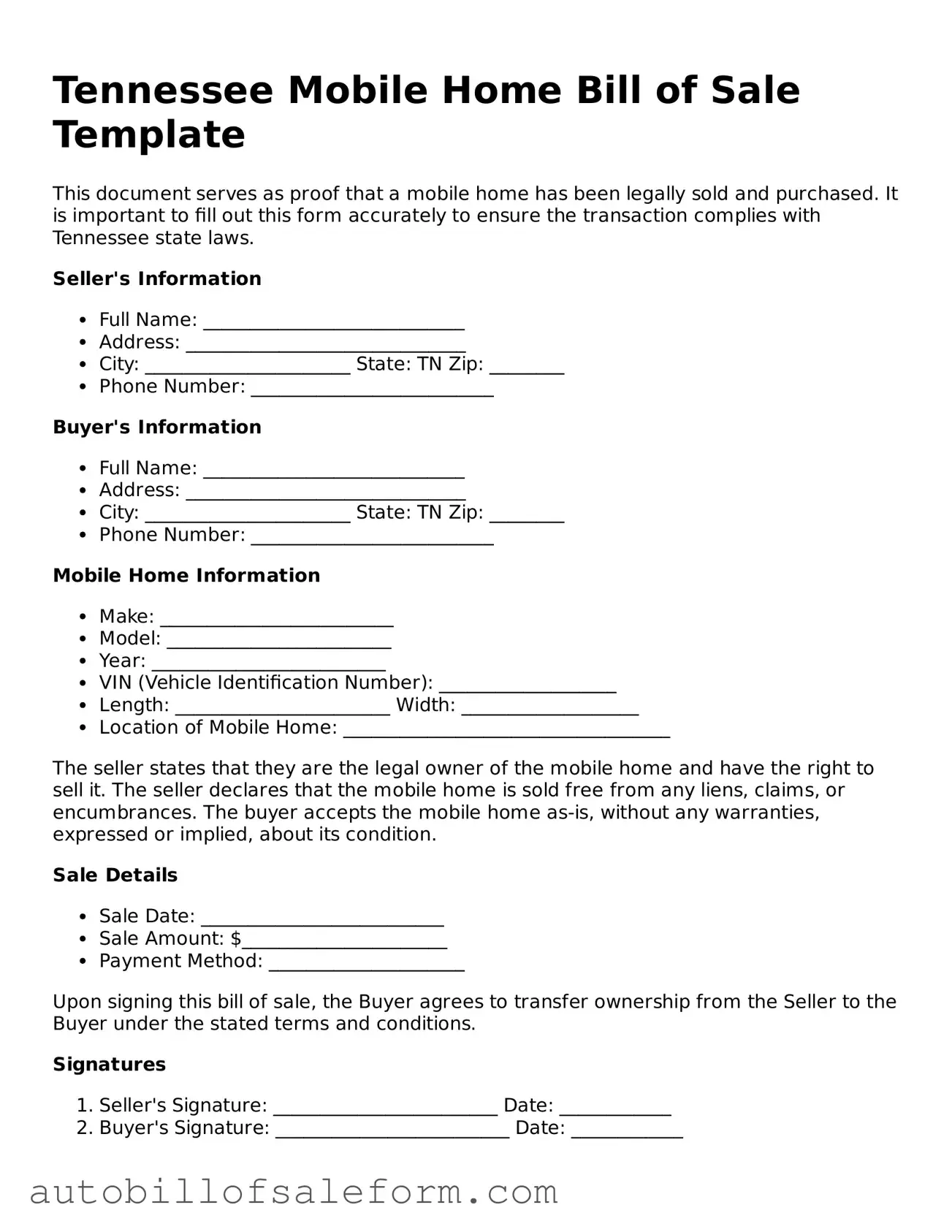 Free  Mobile Home Bill of Sale Template for Tennessee