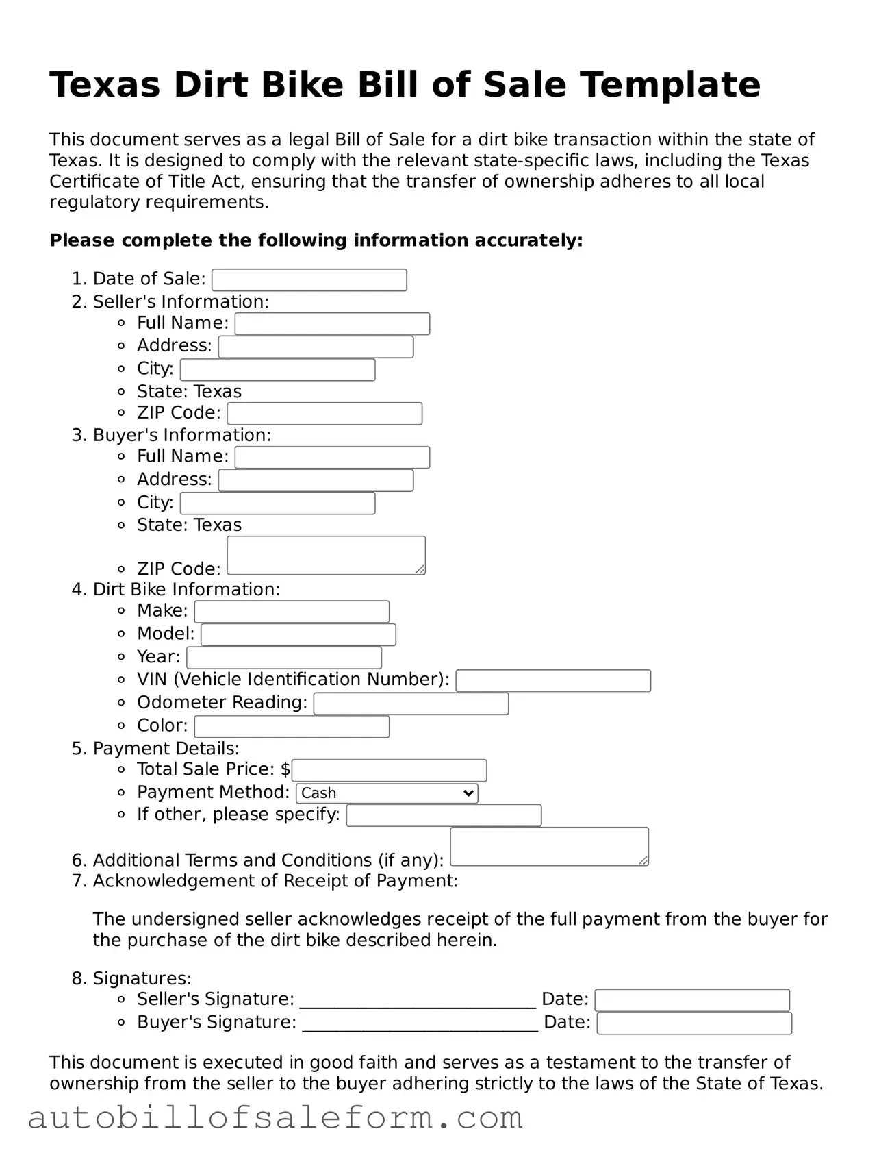 Free  Dirt Bike Bill of Sale Template for Texas